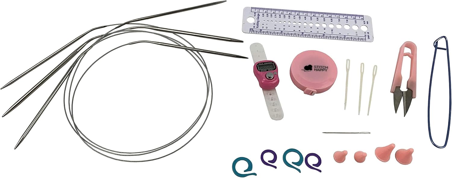 Designer Stitch Happy Knitting Starter Kit: 20 Piece Knitting Kit for Beginners & 7 Pocket Yarn Bag, Signature Yarn Storage - Chocolate