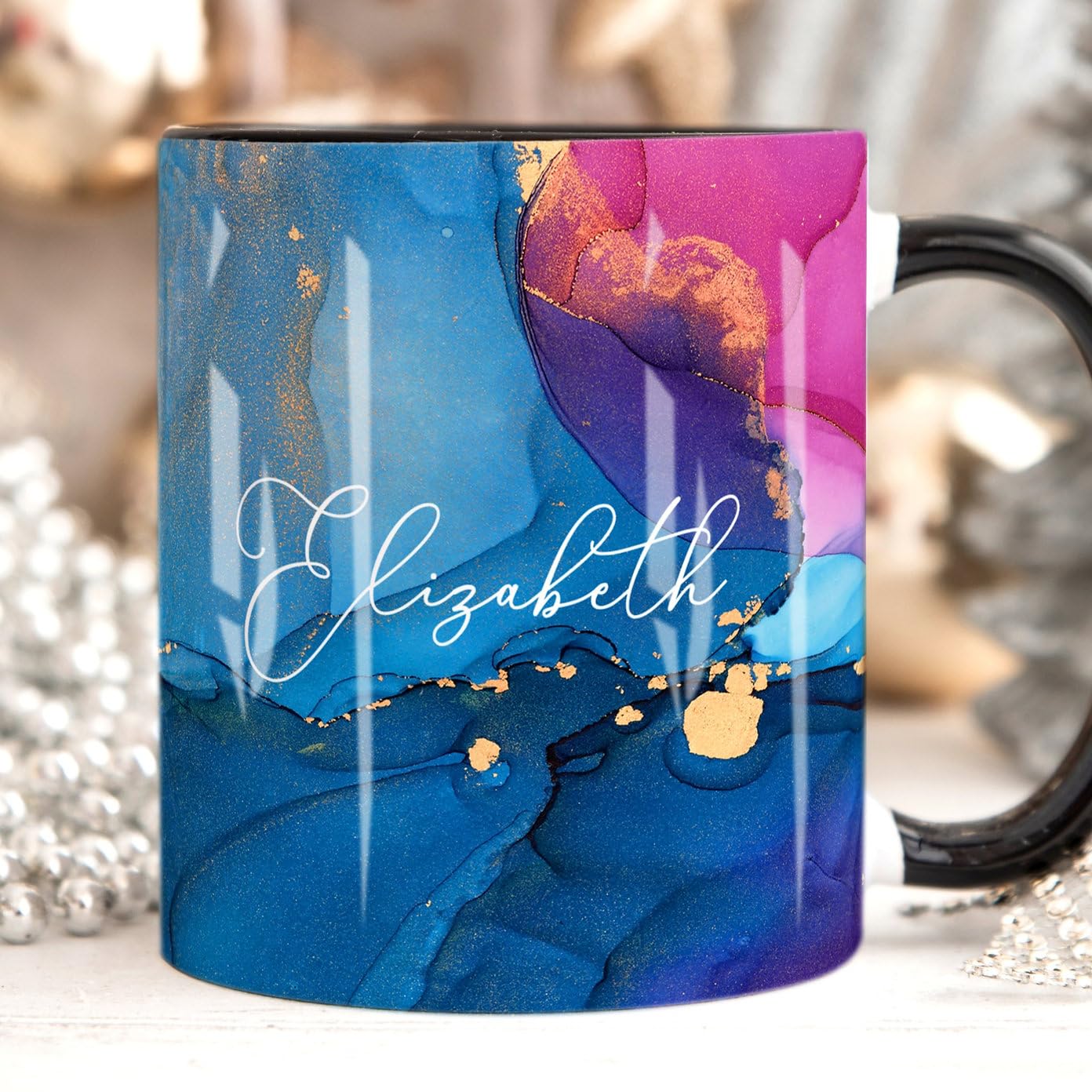 The Whistling Wren Personalised Mug with Name, Blue/Pink Marble Coffee Cup, Personalised Marble Mug & Coaster Set