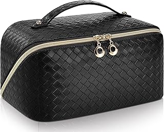 Travel Makeup Bag,Large Capacity Travel Cosmetic Bag for Women ,PU Leather Waterproof Travel Toiletry Bag with 2 PVC Brush Organizer,Portable Pouch Lay Flat Make Up Organizer Bag with Handle Divider