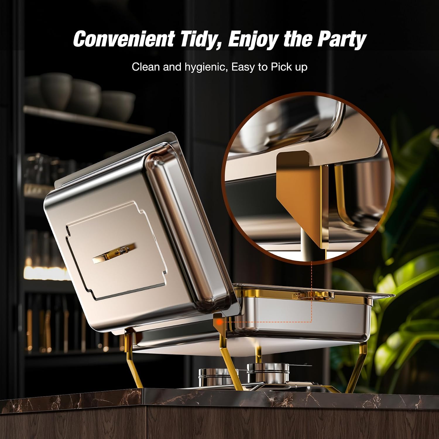 Gold Chafing Dishes for Buffet 9QT 4 Pack, Easy Assembly, Food-Grade Stainless Steel Chafers for Catering w/Rolled Rim Design, Foldable Frame, for Party, Banquet (Full Size Food Pan)