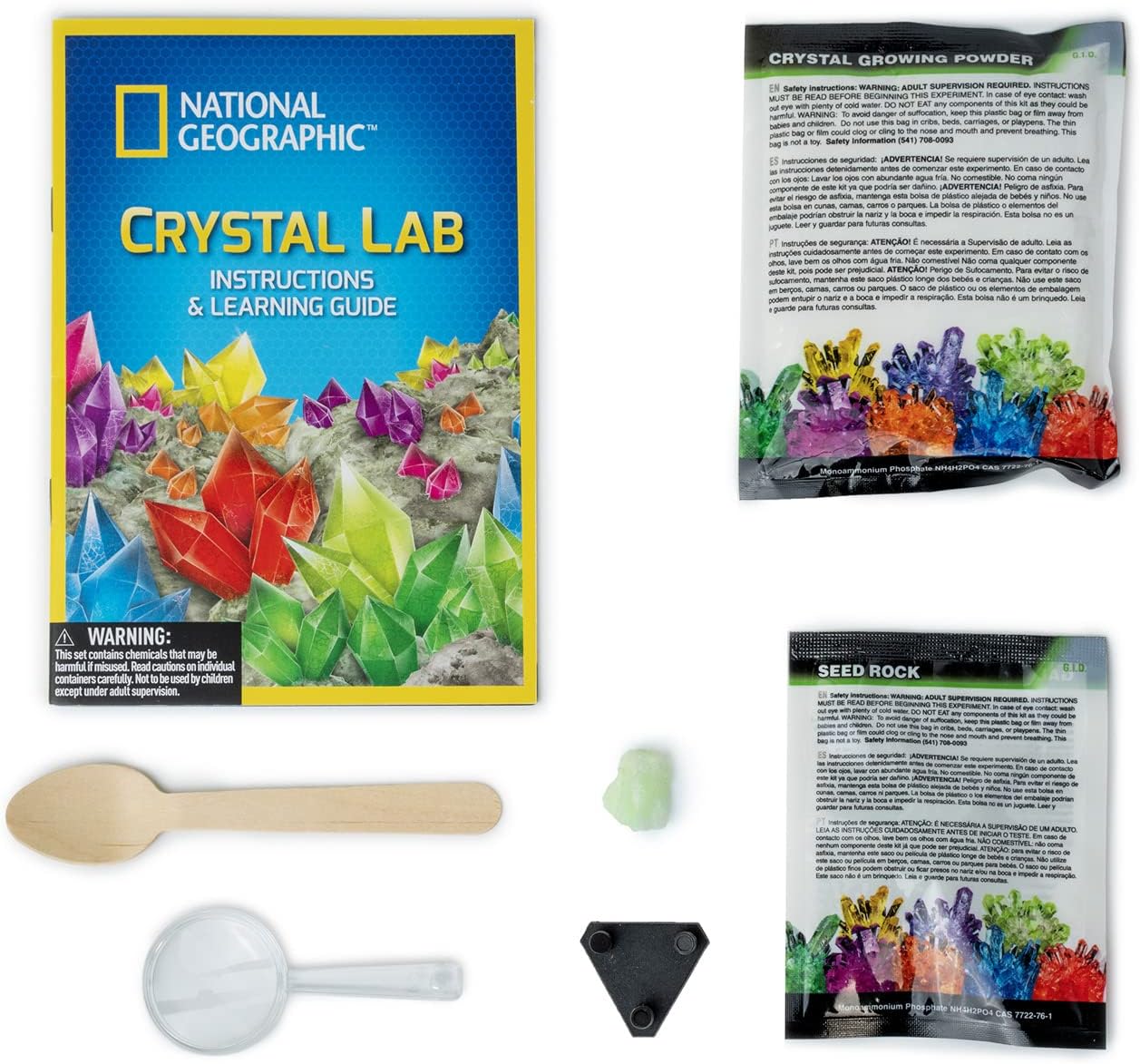 National Geographic Crystal Lab Instructions & Learning Guide, crystal growing powder, seed rock, spoon, magnifying glass, and display stand.