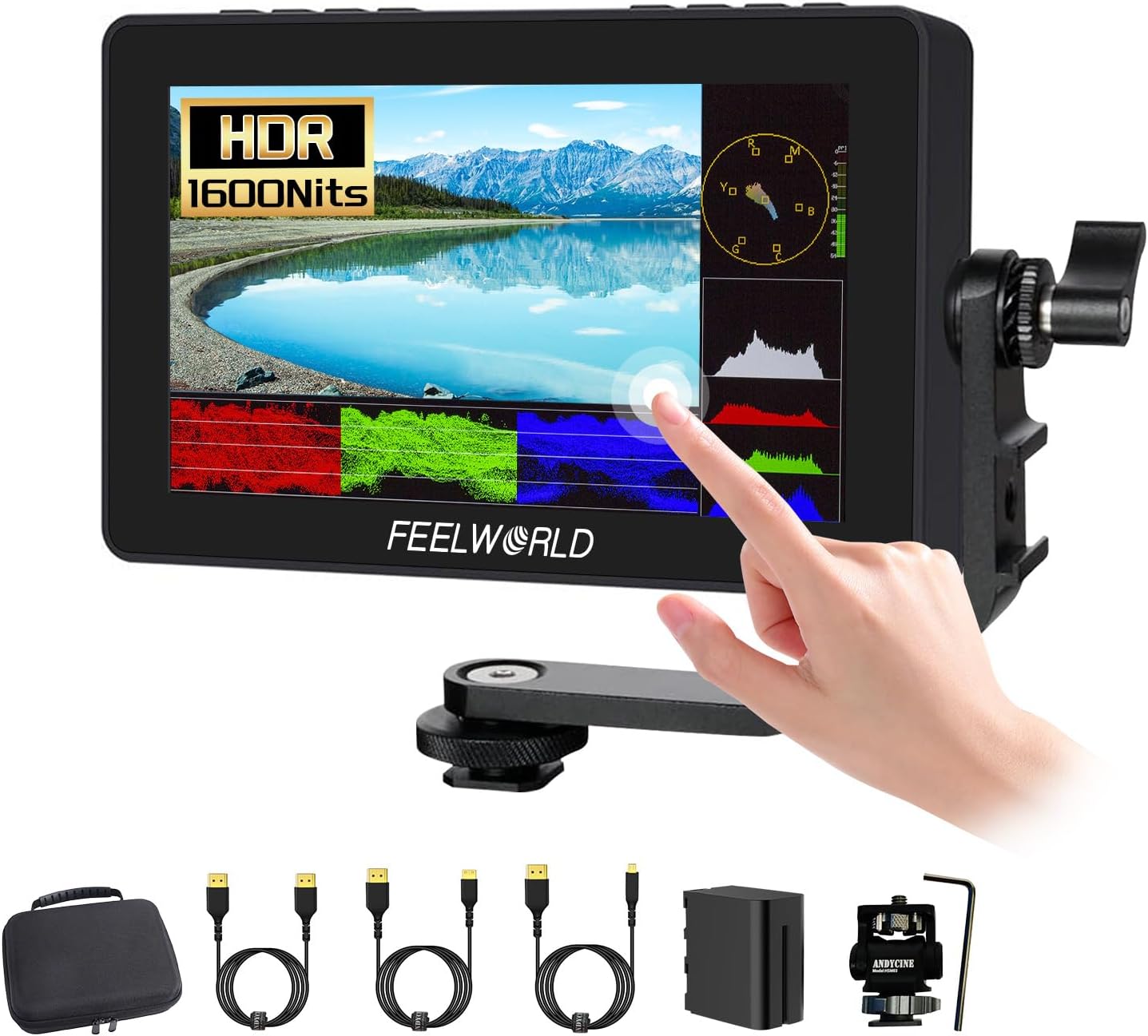 FEELWORLD F5 Prox 5.5 Inch Touch Screen Field Monitor +HDMI Cable Bundle, 1600nit, 4K HDMI, Full HD IPS, for DSLR Camera, with F970 Install and Power Kit