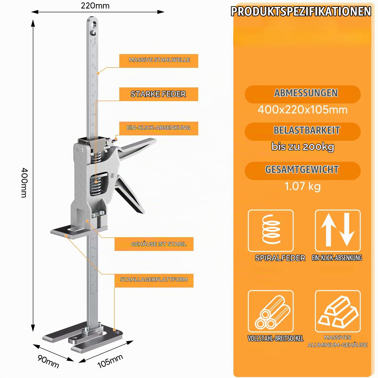 2 Stück 40cm Arbeitssparender Heber mit Skala, Arbeitssparende Hebebühnen, Fliesenheber bis zu 200KG, Hubhöhe 24cm, Hebevorrichtung für Möbel, Tür, Schrank, Gipskartonplatten, Fliesenheber