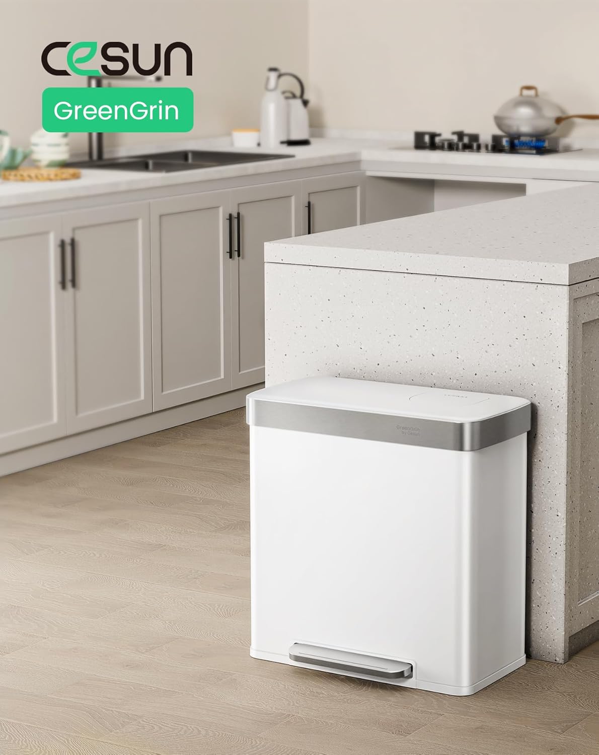 Cesun GreenGrin Kitchen Trash Can, 2x8 Gallon Dual Compartment Trash and Recycle Bin Combo, Double Stainless Steel Step Garbage Can with Lid, Recycling Push Flap,Removable Inner Buckets,30L+30L(White)