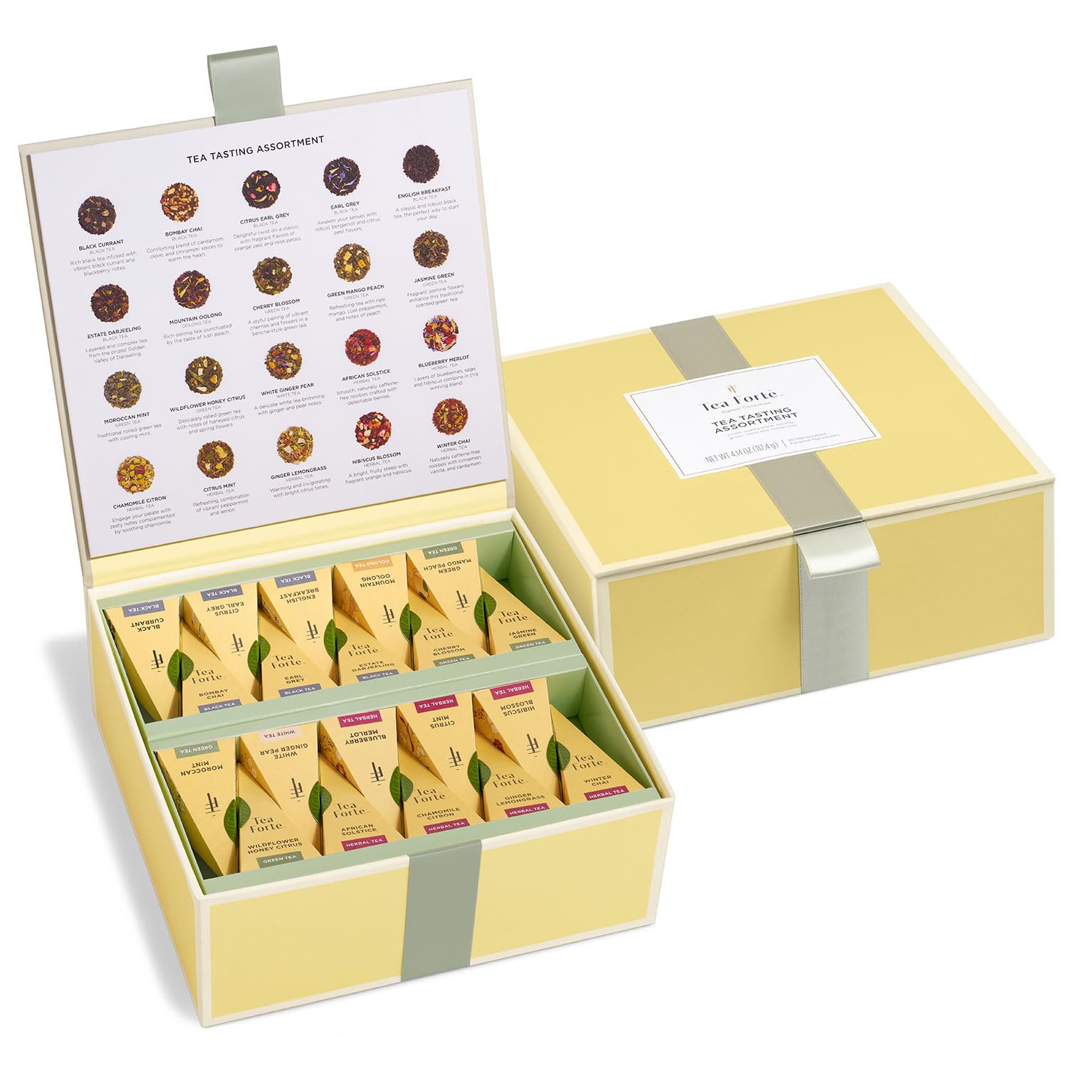 Tea Forte Premium Tea Chest Presentation Box Gift Set Sampler, 40 Count Individually Wrapped Handcrafted Pyramid Tea Infuser Bags, Assorted Classic