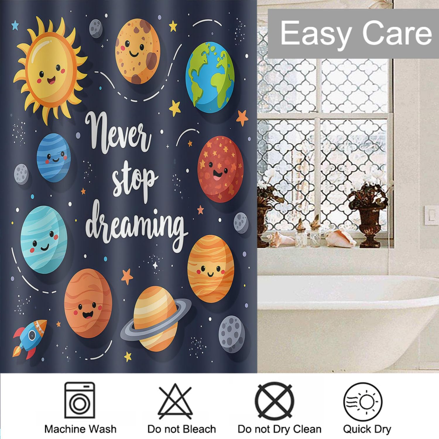 Moslion Space Planets Shower Curtains Never Stop Dreaming Motivational Quote Bathroom Curtain Waterproof with Hooks 72x72 Inch for Men Women Boys Girls