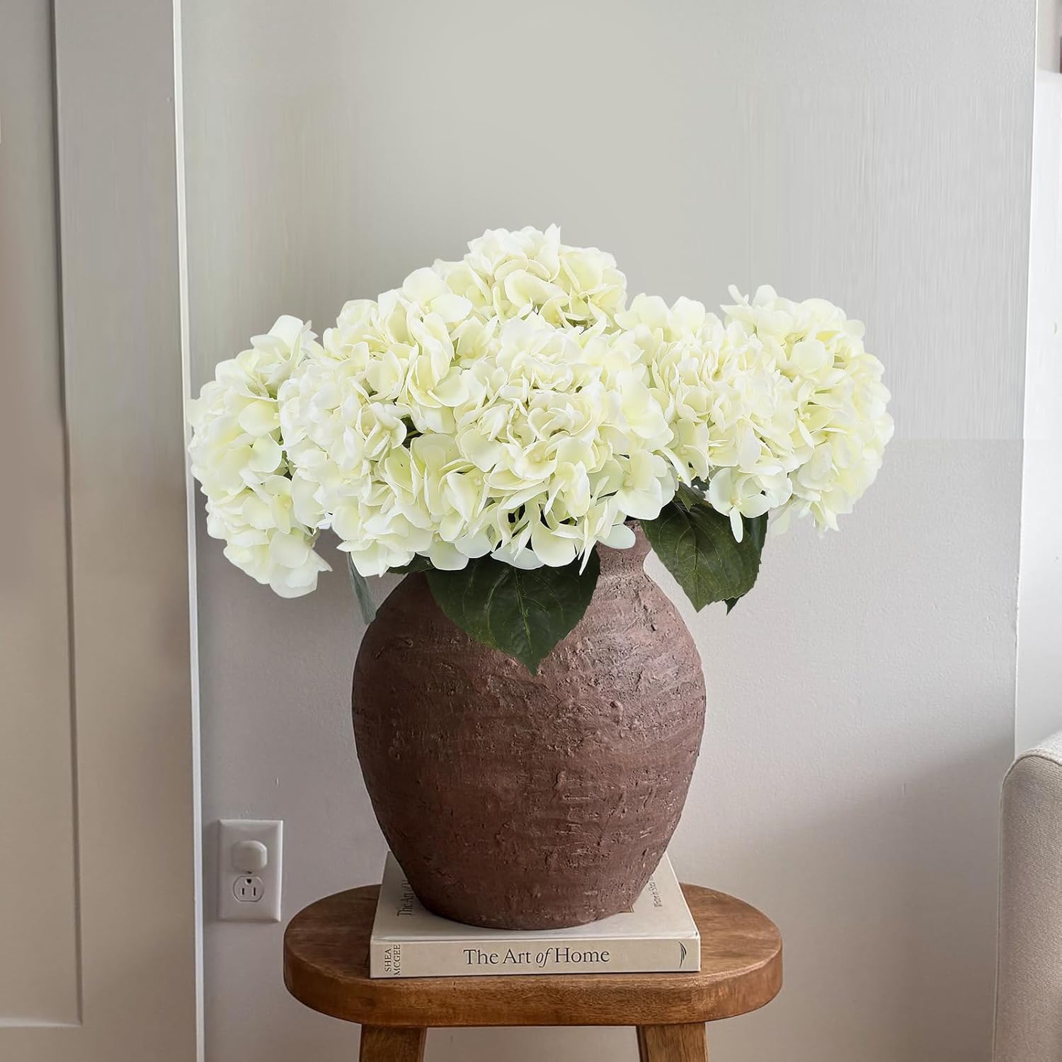 Coferset 3Pcs Large Hydrangea Artificial Flowers 24.8" Real Touch Faux Hydrangea Latex Fake Flowers with Bendable Stems &Leaves for Wedding Bouquet Centerpieces Home Party Decor(White)