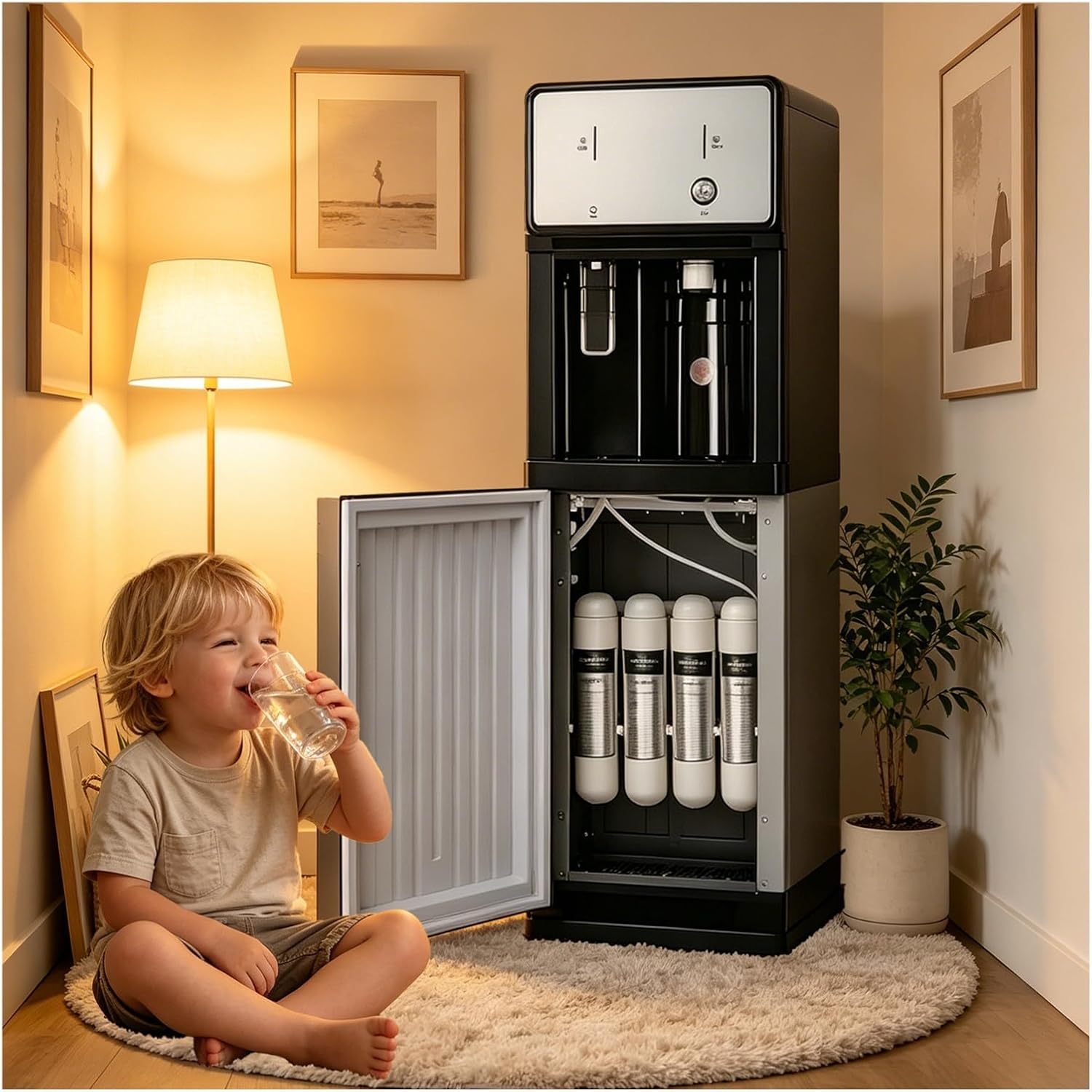 Freestanding Water Cooler with 4-Stage Filtration, Instant Hot and Cold Water Pipeline Machine, Hot Waters Dispensers, Fast Heating, 3 Temperature Settings, Chillers & Waters Fountains