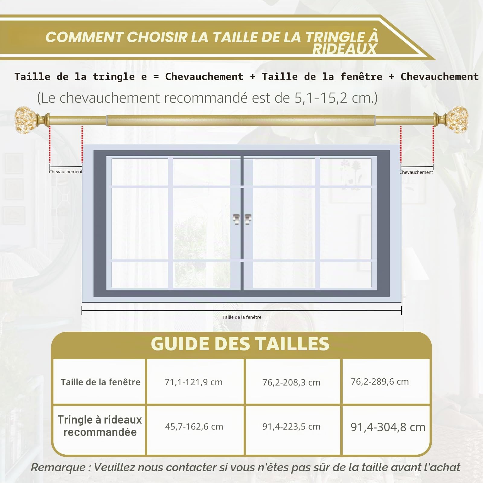 Tringle à rideaux double dorée pour fenêtres de 122 à 213 cm : double tringle à rideaux réglable et robuste de 122 à 213 cm – Embouts en résine dorée et double tringle à rideaux
