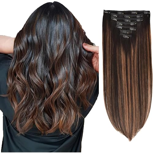 Clip in Hair Extensions Real Human Hair 120g 7pcs Human Hair Clip in Extensions 14 Inch Natural Black Mixed Chestnut Brown #1B/6/1B Thickened Straight Real Hair Extensions Clip in Human Hair