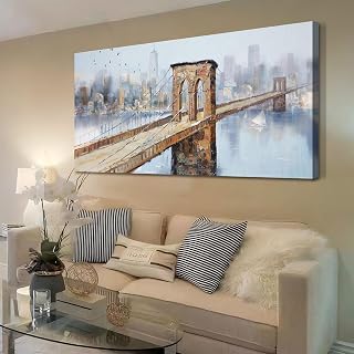 Arjun Brooklyn Bridge Canvas Wall Art Abstract Skyline New York City Painting, Modern Colorful NYC Picture Textured Artwork Framed for Bedroom Living Room Home Office Wall Decor, Large Size 40"x20"