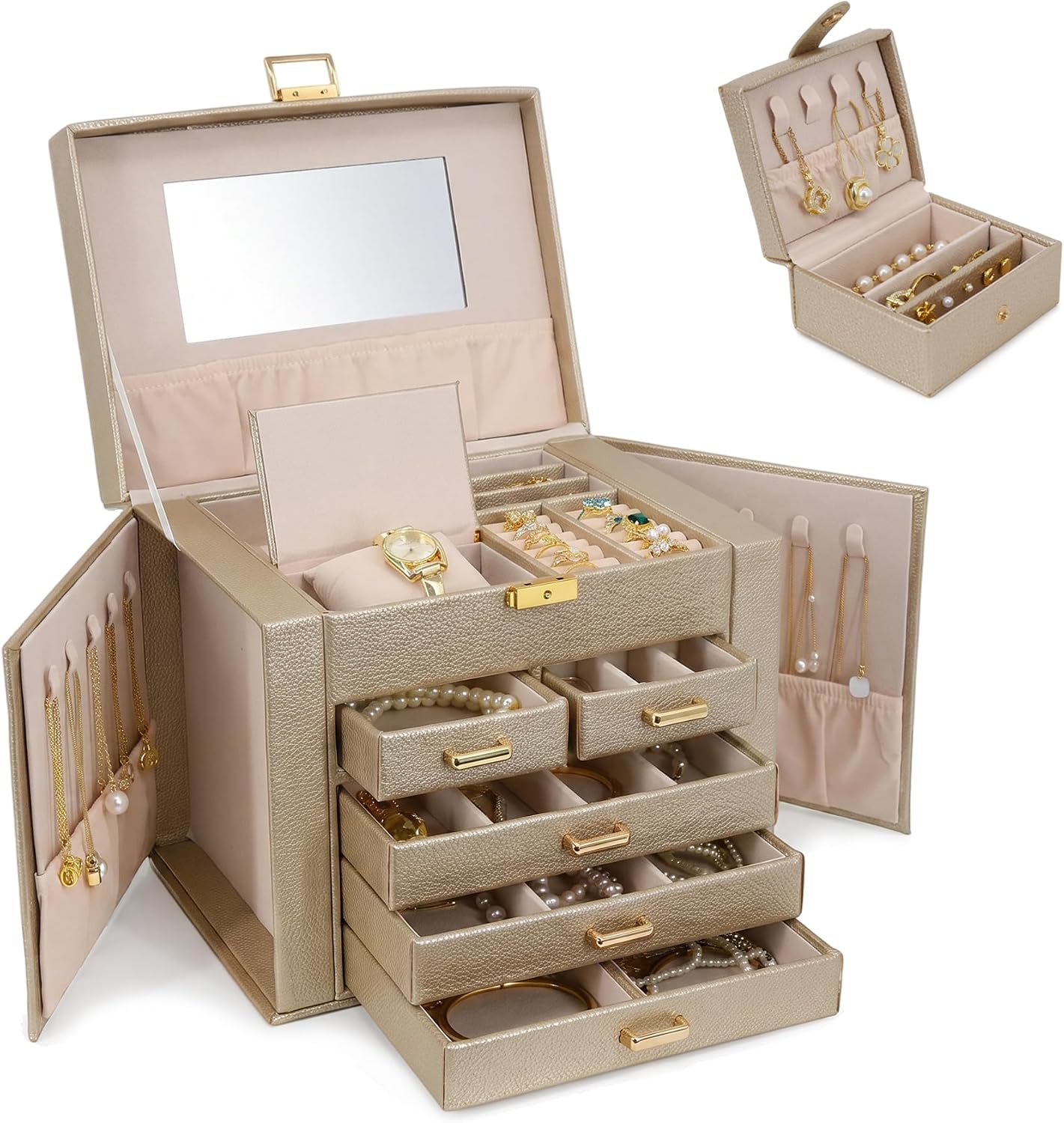 Jewelry Box with Travel Case, PU Leather 5-Layer Jewelry Organizer with Mirror & Lock, Velvet Lining Jewelry Storage for Women, Dresser Top Portable Jewelry Case, Gift for Women (Champagne)