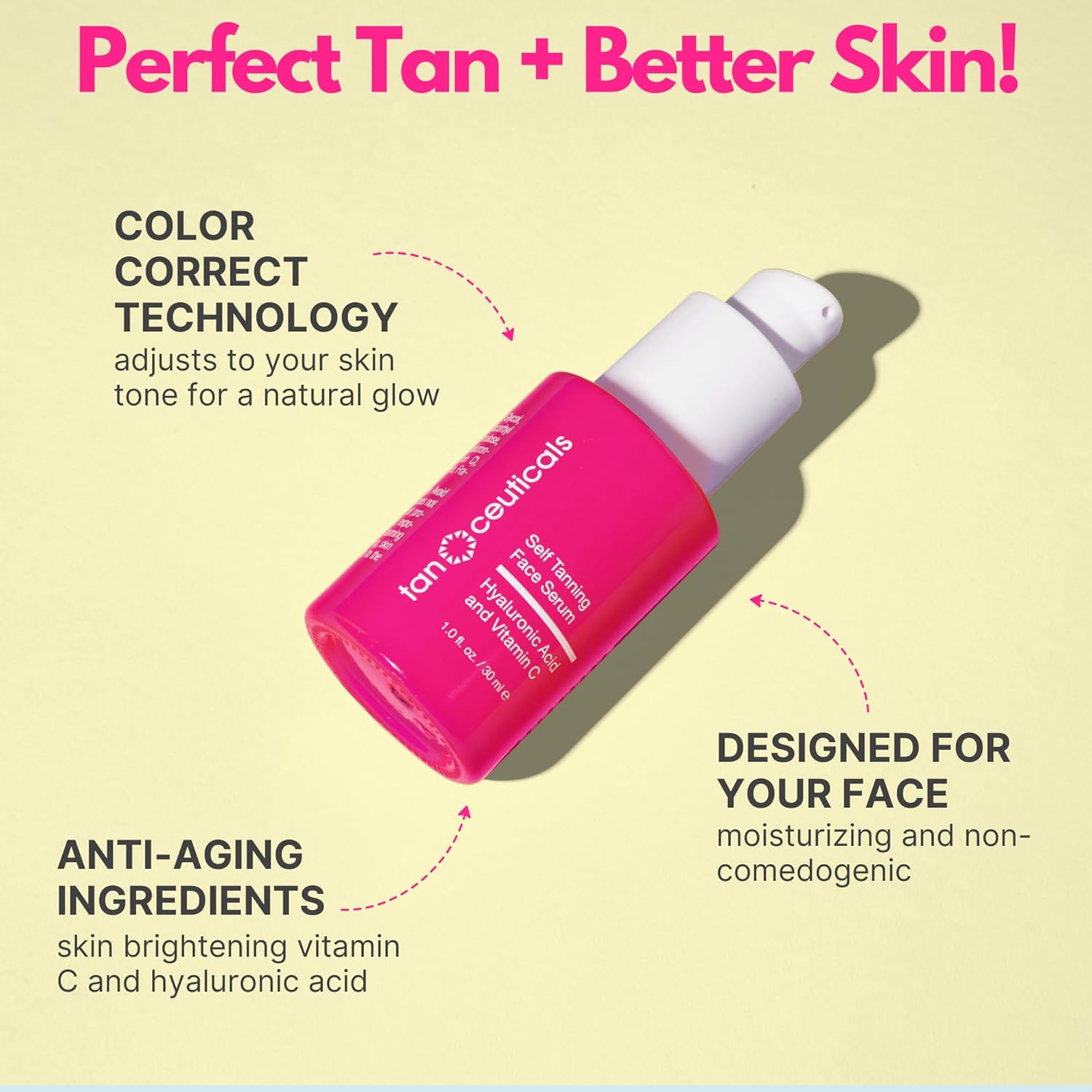 Tanceuticals Self Tanning Face Serum - Color-Correcting and Hydrating with Vitamin C & Hyaluronic - Facial Self Tanner for Natural Looking & Long Lasting Sunless Tan - 1 oz (Dark) - Image 2