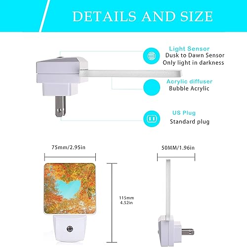 Miniatura 2 de Luz nocturna de cielo con corazón azul, hojas de arce rojas otoñales, árboles del bosque, luces nocturnas enchufables con sensor de atardecer a