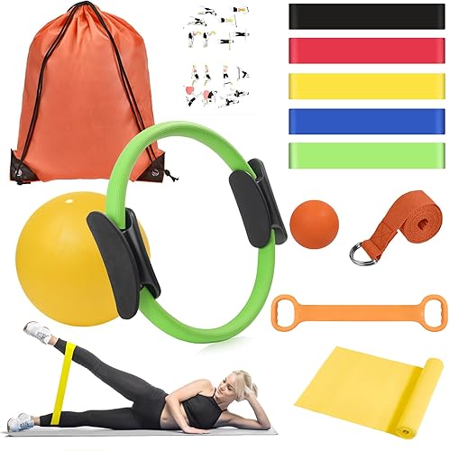 Miniatura 9 de HASHMUST Kit de anillos de pilates de 12 piezas para mujer, equipo de entrenamiento en casa con círculo mágico, mini pelota de ejercicio, bandas de