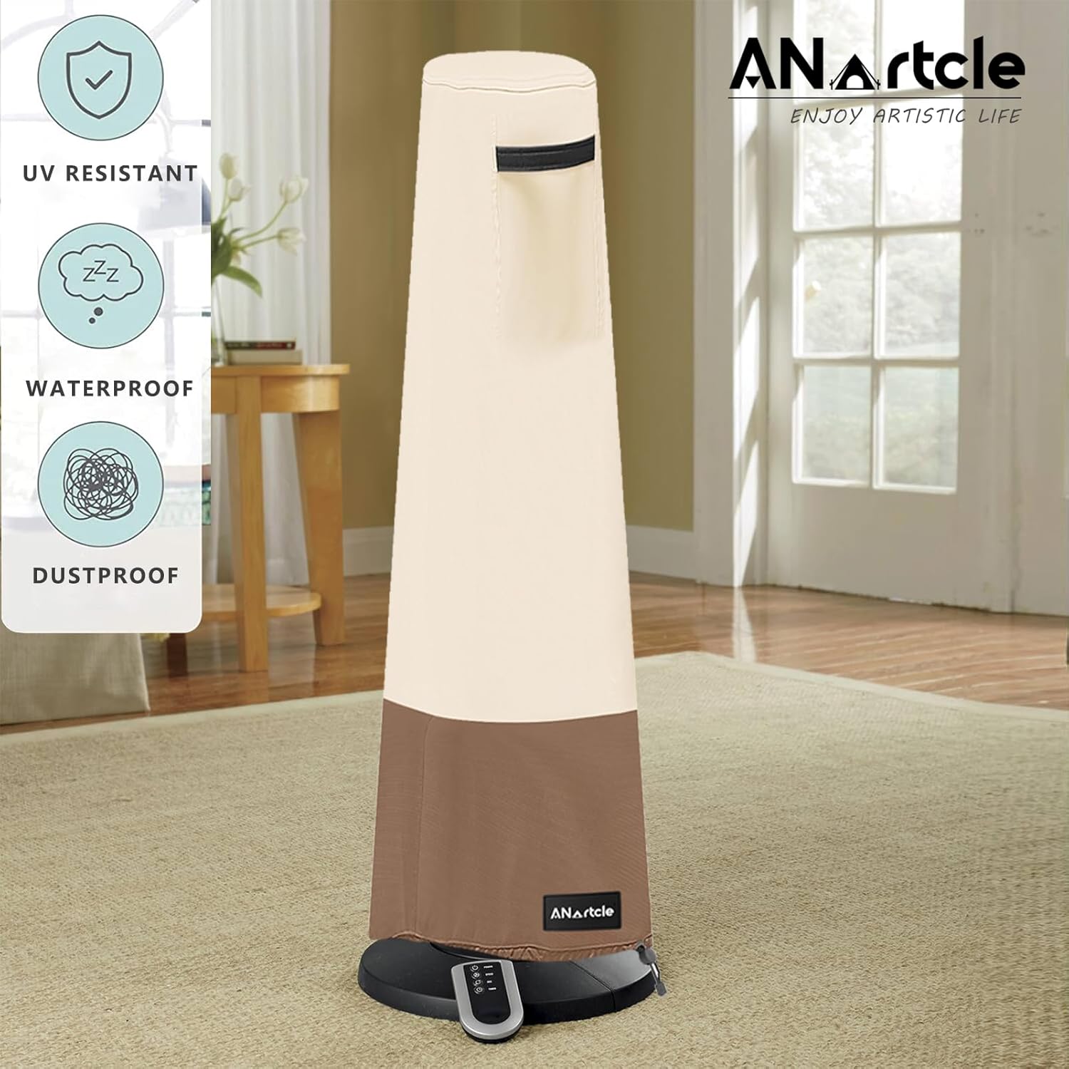 Tower Fan Cover,Waterproof & Dustproof Cover for Portable Electric 40-42" Tower Fans,Outdoor or Indoor Standing Tower Fan Storage Cover,13" D x 13" W x 42" H,Beige&brown.