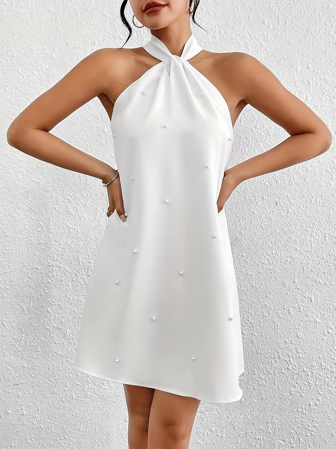 Women's Pearl Beaded Halter Twist Sleeveless Tie Back Dress Cocktail Mini Dress - Image 3