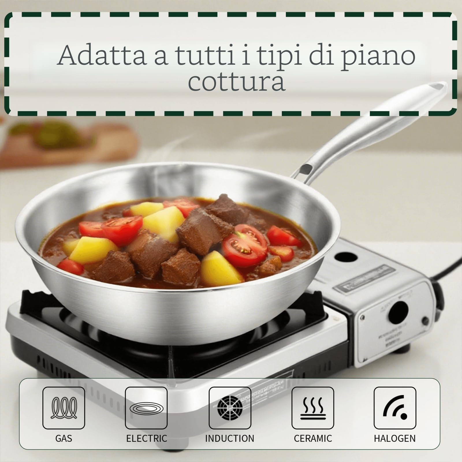 Padelle wok in acciaio inossidabile: padella non rivestita da 30 cm con coperchio, forno a induzione 752 °F (400 ℃), fornello a gas, bordo alto, manico rimovibile