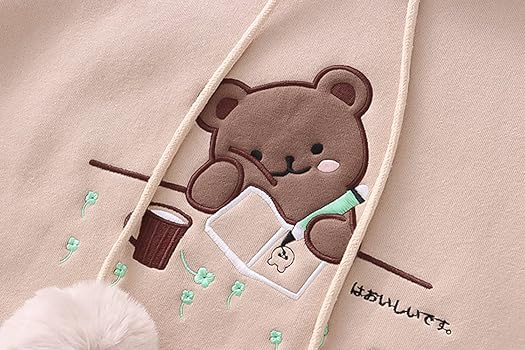Kawaii Fleece Hoodie Für Teenager - Bär Stickerei Kapuzenpullover