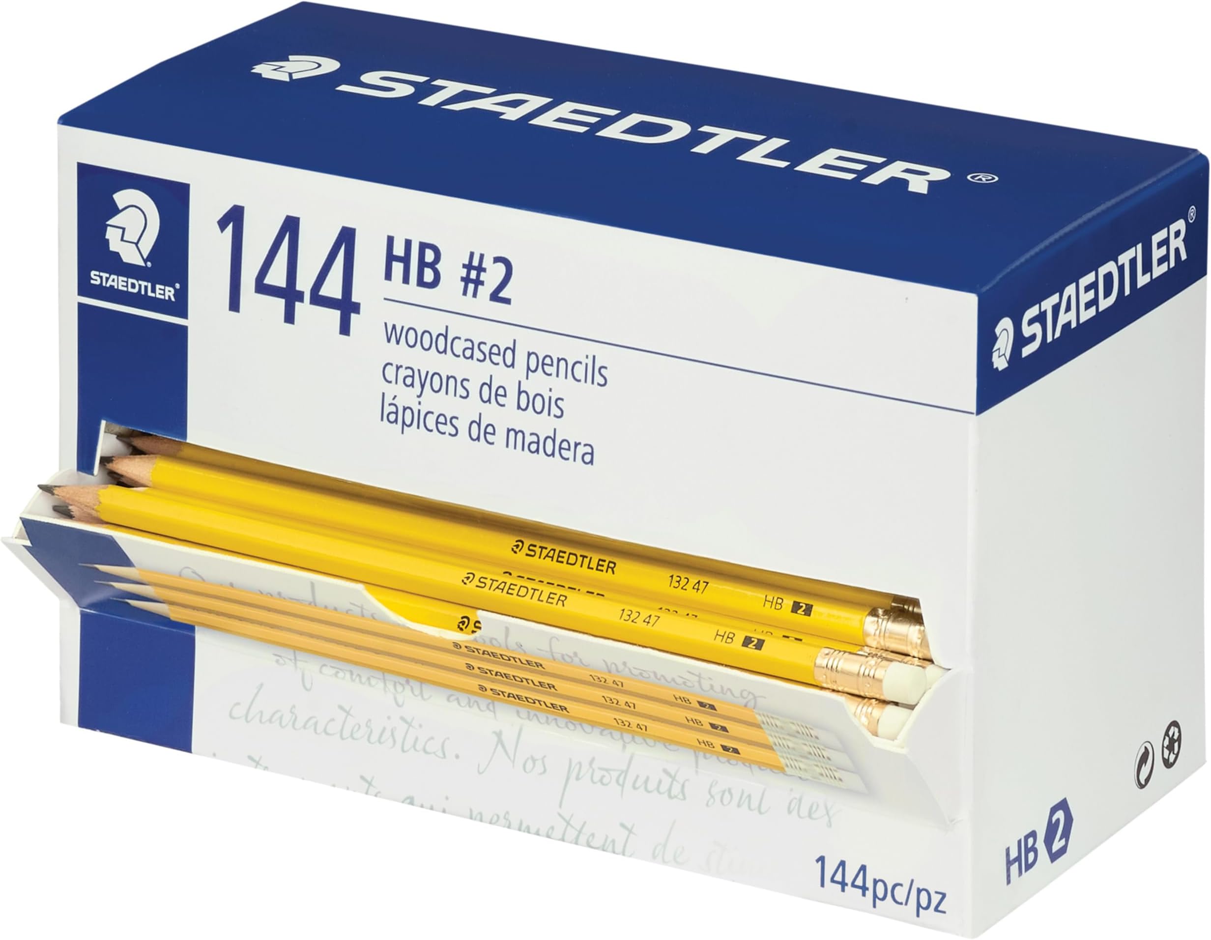 STAEDTLER Yellow School Pencils (144-Pack), Pre-Sharpened #2 HB with Erasers, Ready-to-Use School Supplies for Students and Teachers