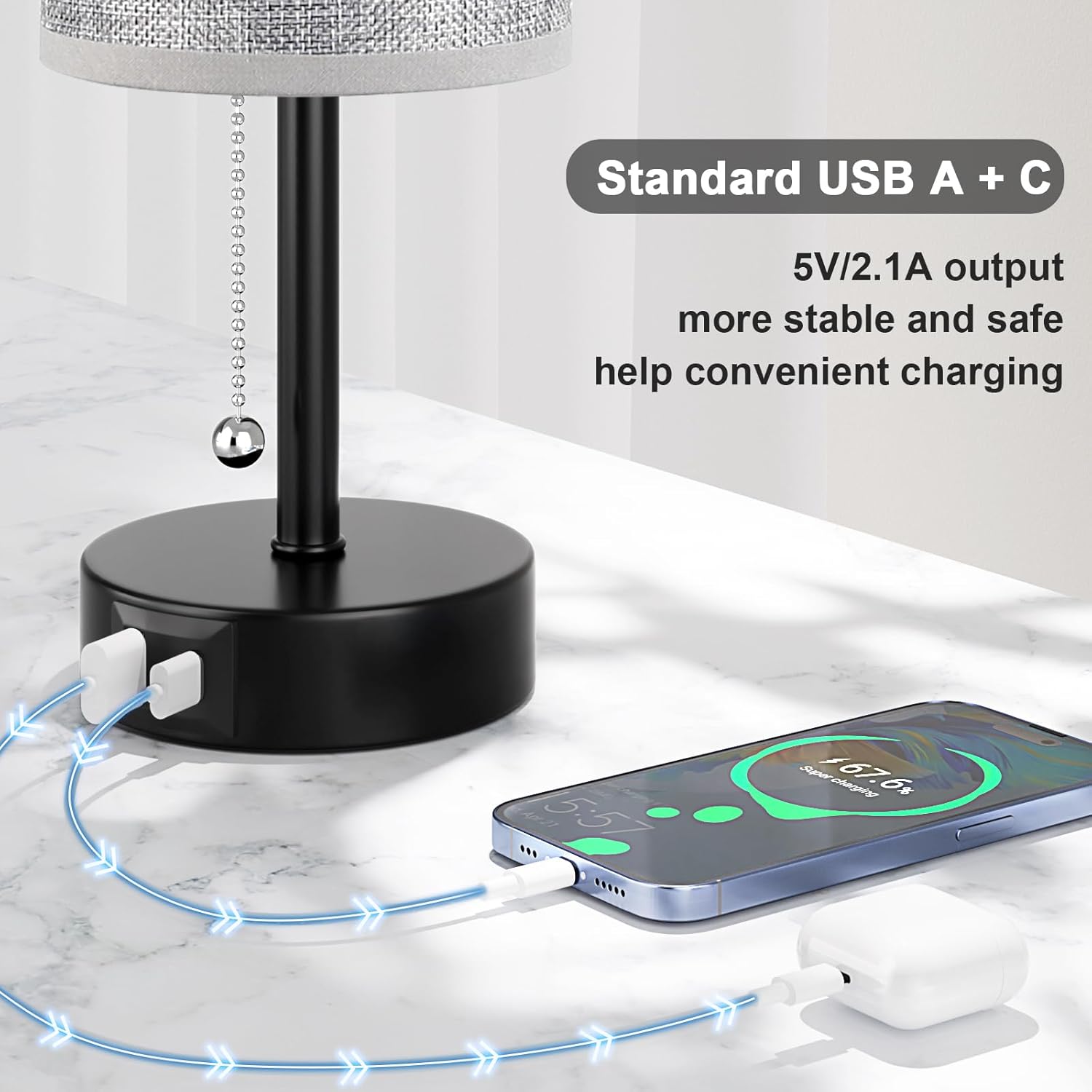 Bedside Lamp for Bedroom Set of 3 - Small Table Lamp with USB A + C Charging Port, Night Stand Light with Bulb, Side Table Desk Reading Lamp for Living Room
