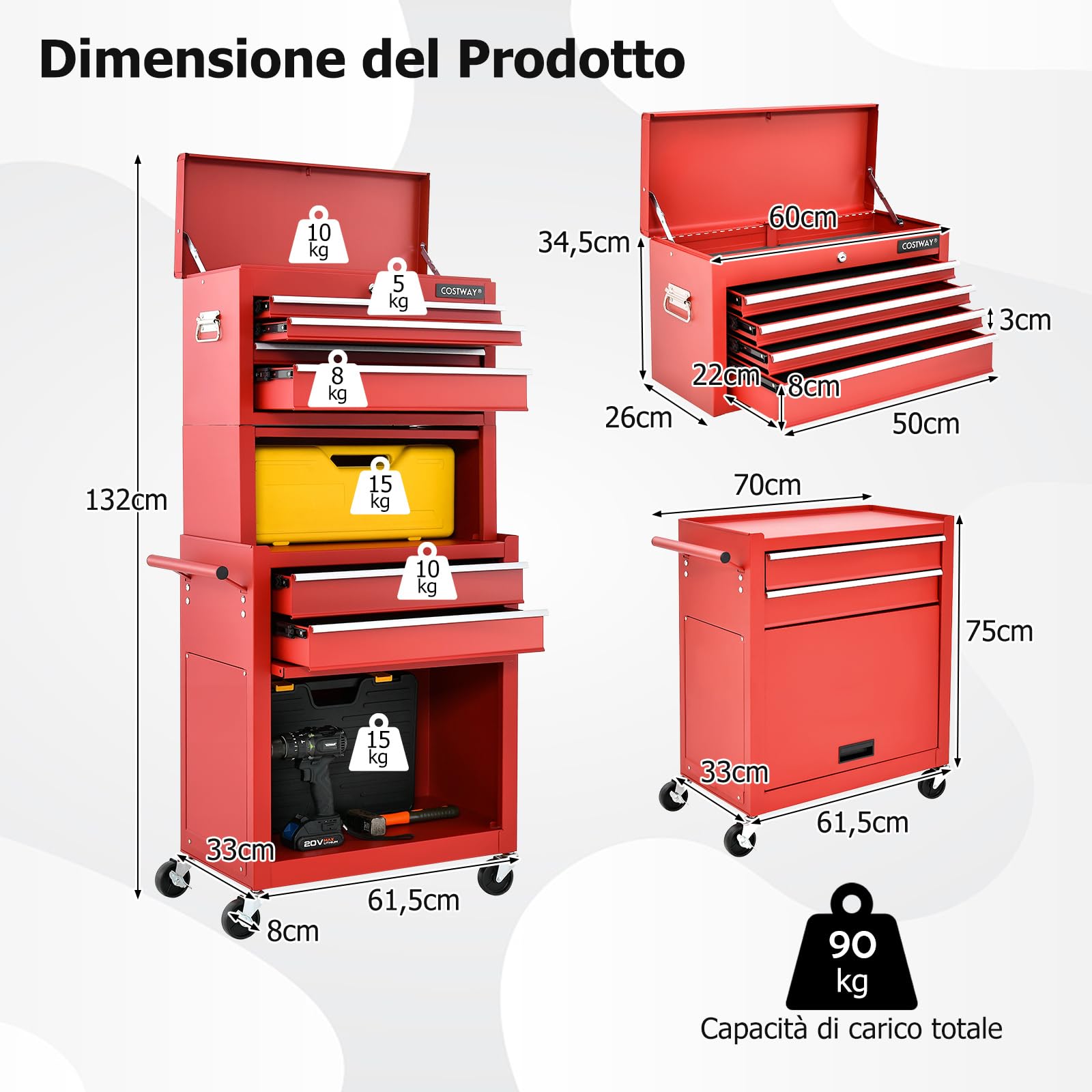 COSTWAY Cassettiera Portautensili a 6 Cassetti, Carrello per Attrezzi con Ruote Bloccabili, con Ripiano rimovibile e Serratura, 61,5 x 33 x 132 cm (rosso)