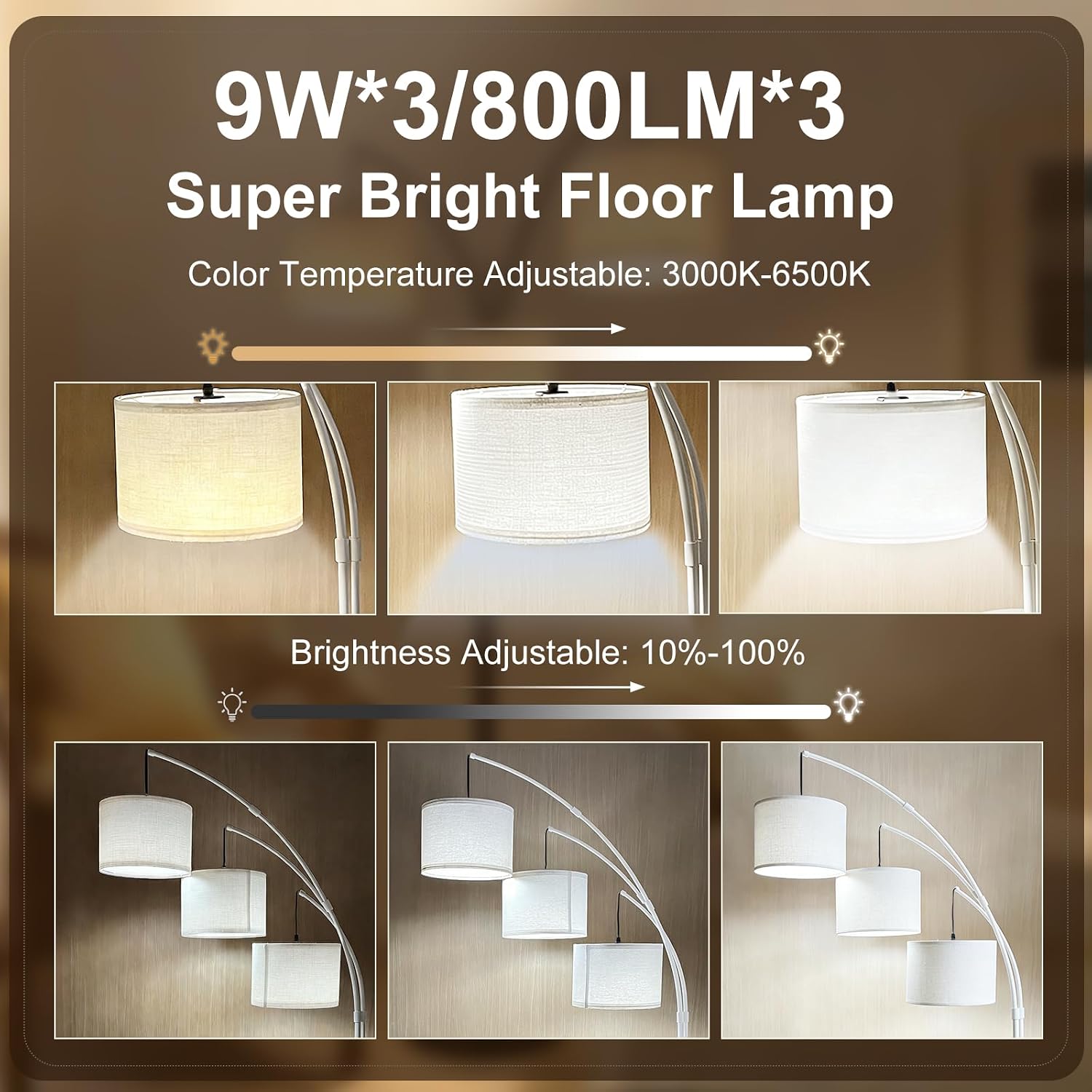 Dimmable Arc Floor Lamp, 3 Light Arc Floor Lamps for Living Room, 2400LM Remote Control with Stepless Color Temperatures and Brightness for Bedroom Office, White Pole Standing Lamp with White Shade