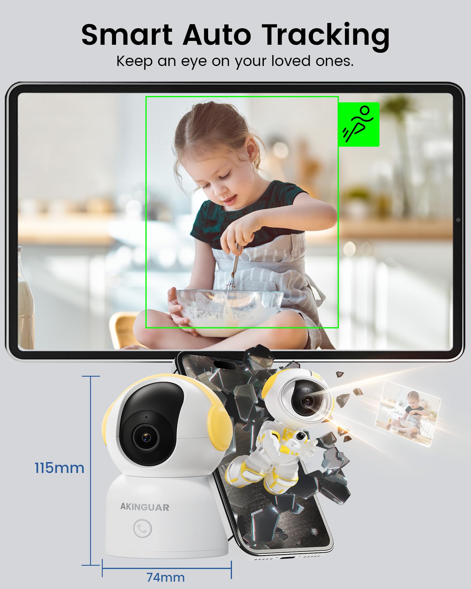 AKINGUAR T2 Telecamera WiFi Interno 2K(3MP), Videocamera di Sorveglianza, Rotazione a 355°, Visione Notturna, AI Intelligente Rilevamento di movimento/umanoide/gesto, Audio Bidirezionale