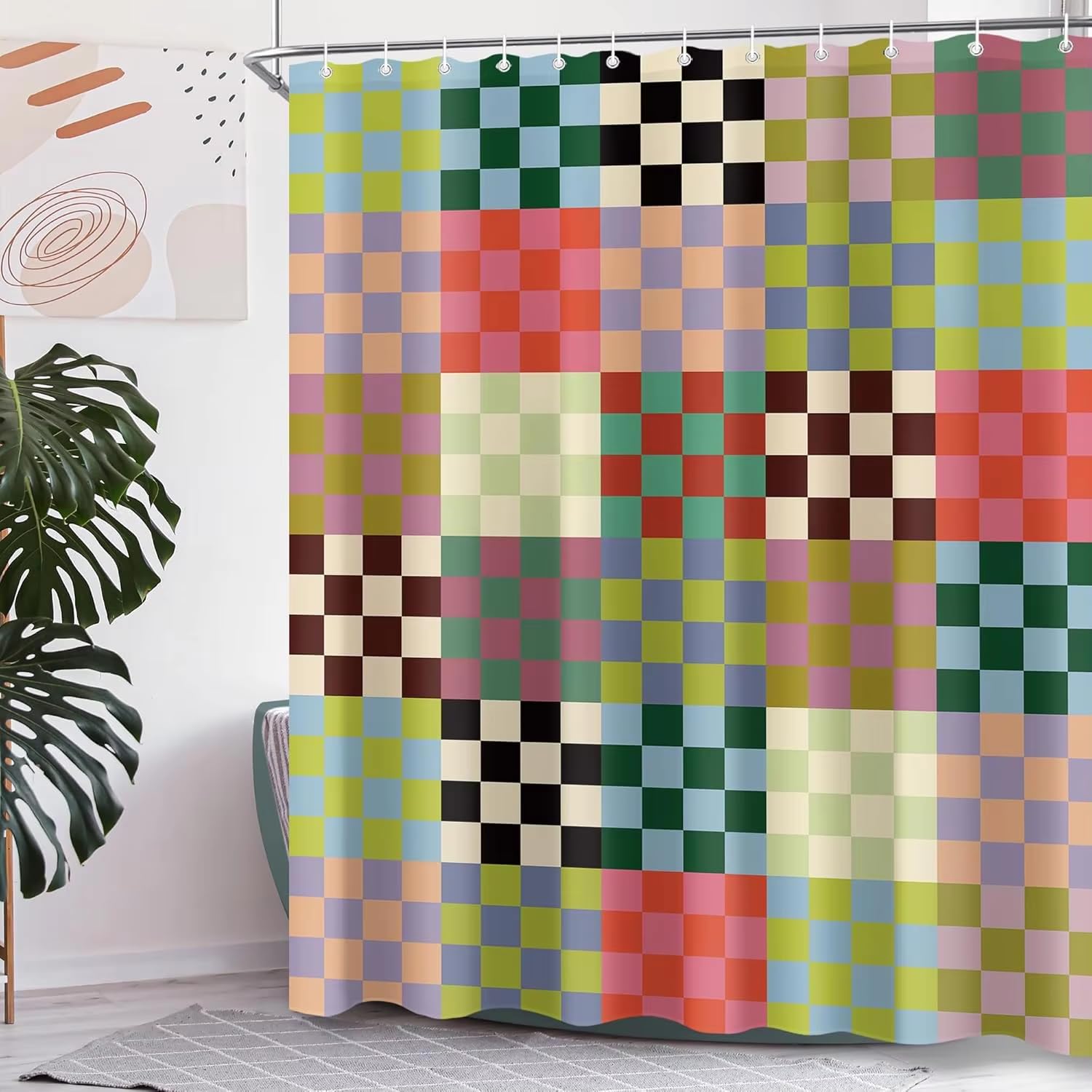 KELAIMI Colorful Pixel Checkerboard Shower Curtain - Memphis Pop Art Geometric Bathroom Curtains - Retro Aesthetic Machine Washable Waterproof Fabric Bathtub Curtain with Hooks Colorful 180X180Cm
