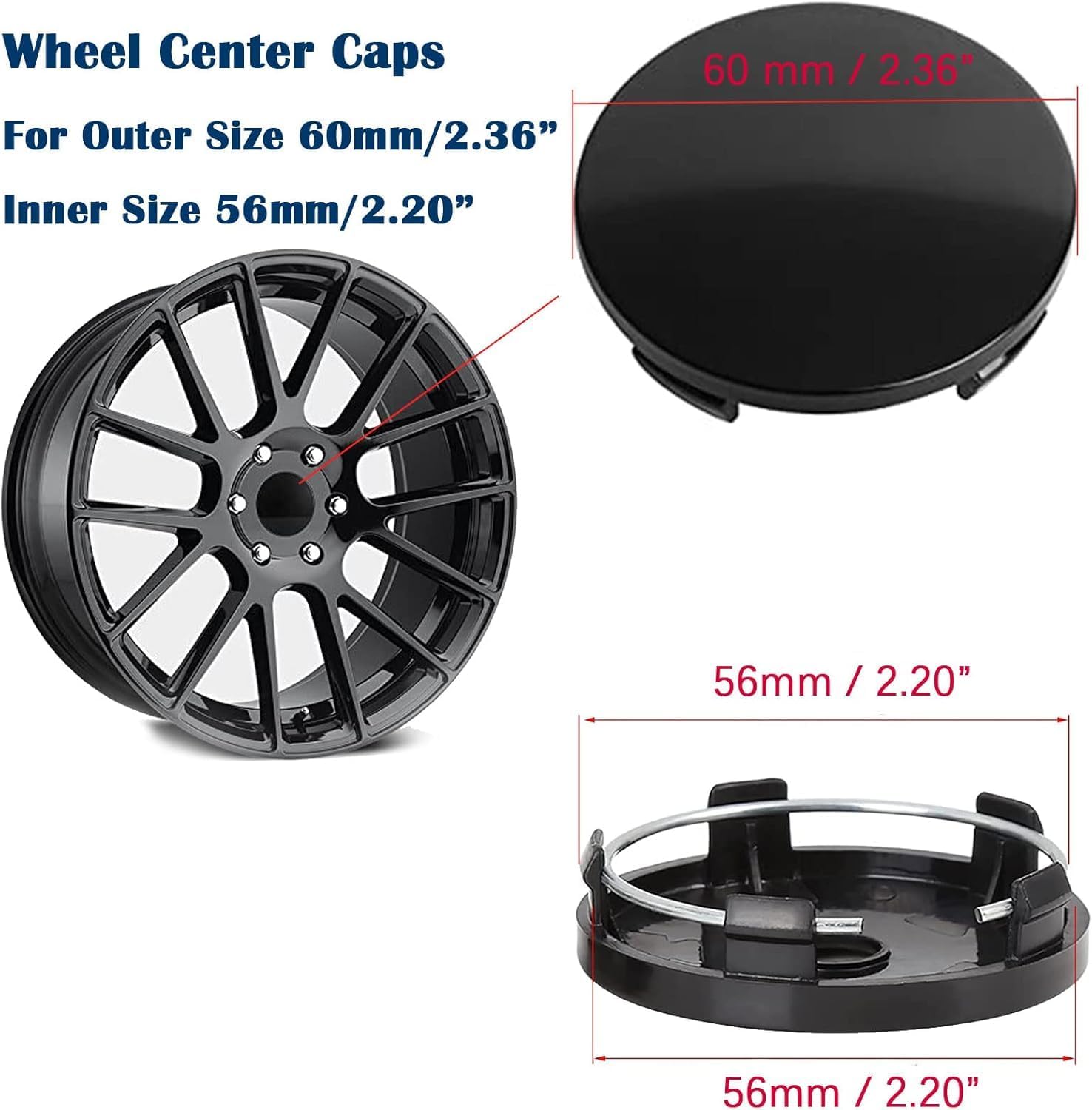 Car Wheel Center Caps Outer 60mm Inner 56mm Wheel Center Cover Kit Fit for Cars for Rims Center Hub Caps 4Pack Gloss Black