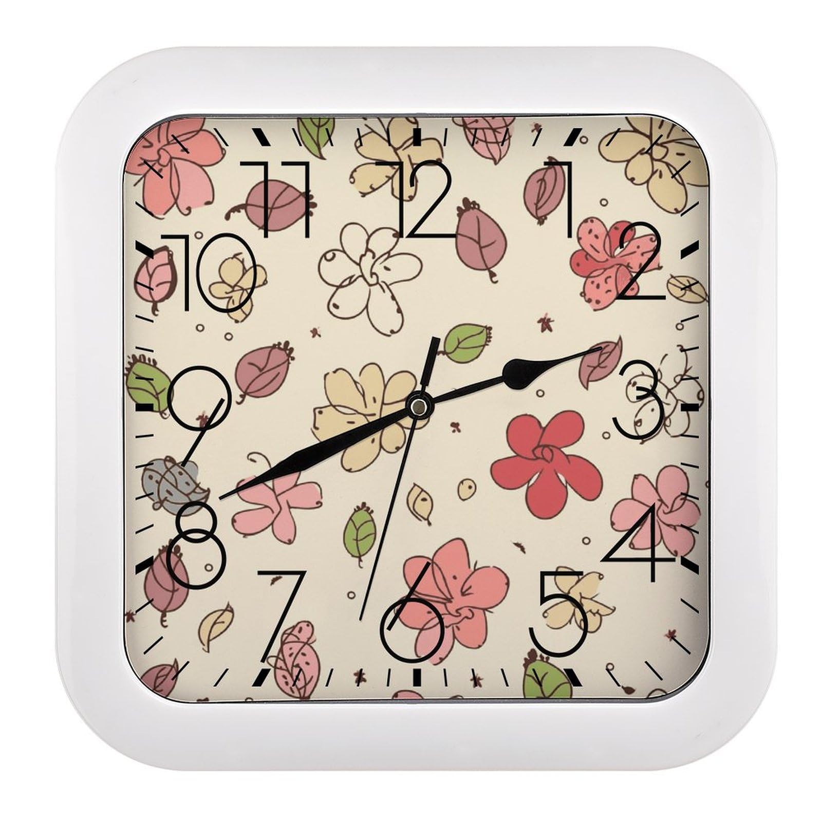 Horloge murale silencieuse sans tic-tac carrée à motifs floraux pour une ambiance de travail calme