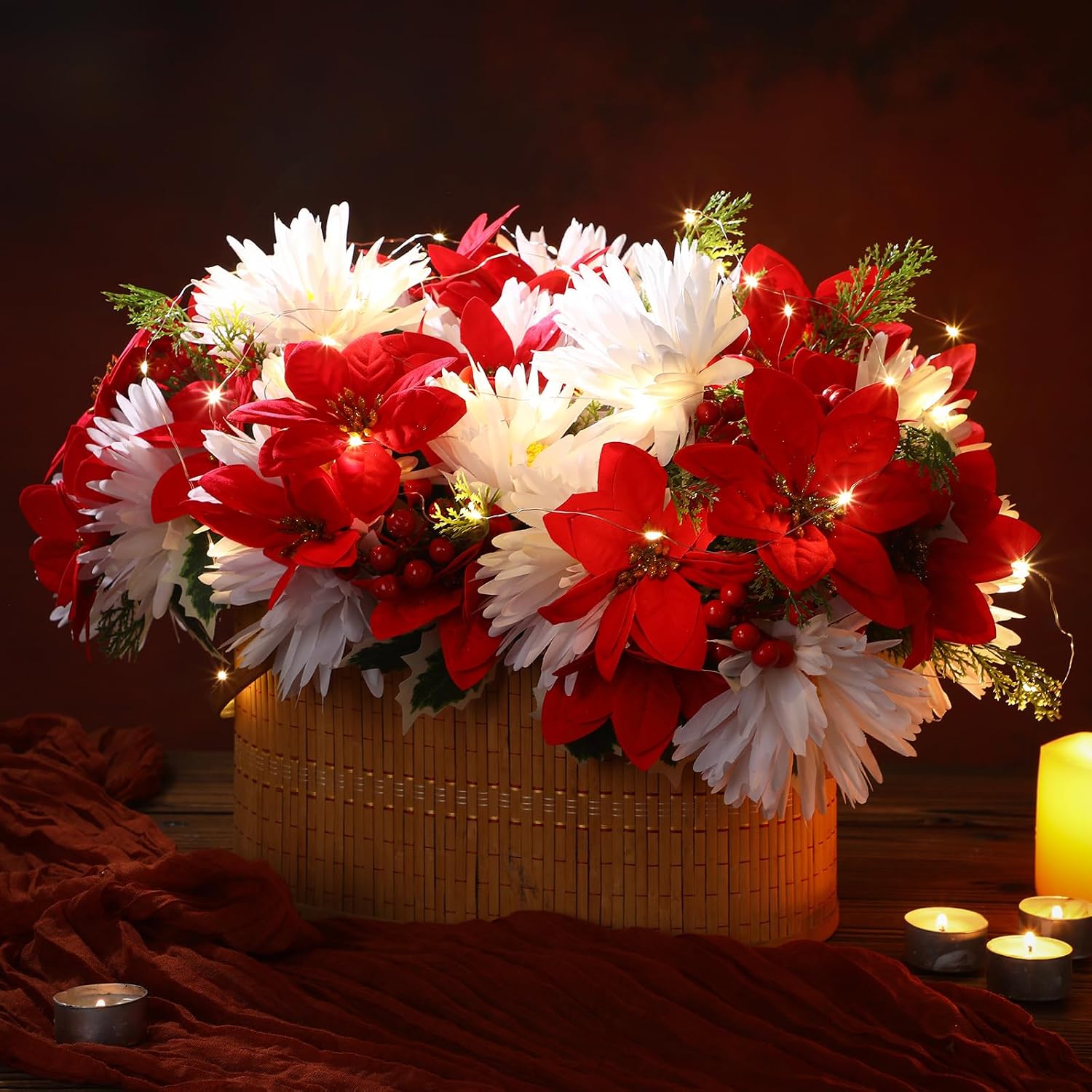 Ceenna 5 Pack Christmas Artificial Poinsettia Bouquet Artificial Carnation Christmas Flower Fake Velvet Berry Xmas Bush Artificial Cemetery Flowers for Indoor Outdoor Christmas Decor (Classic)