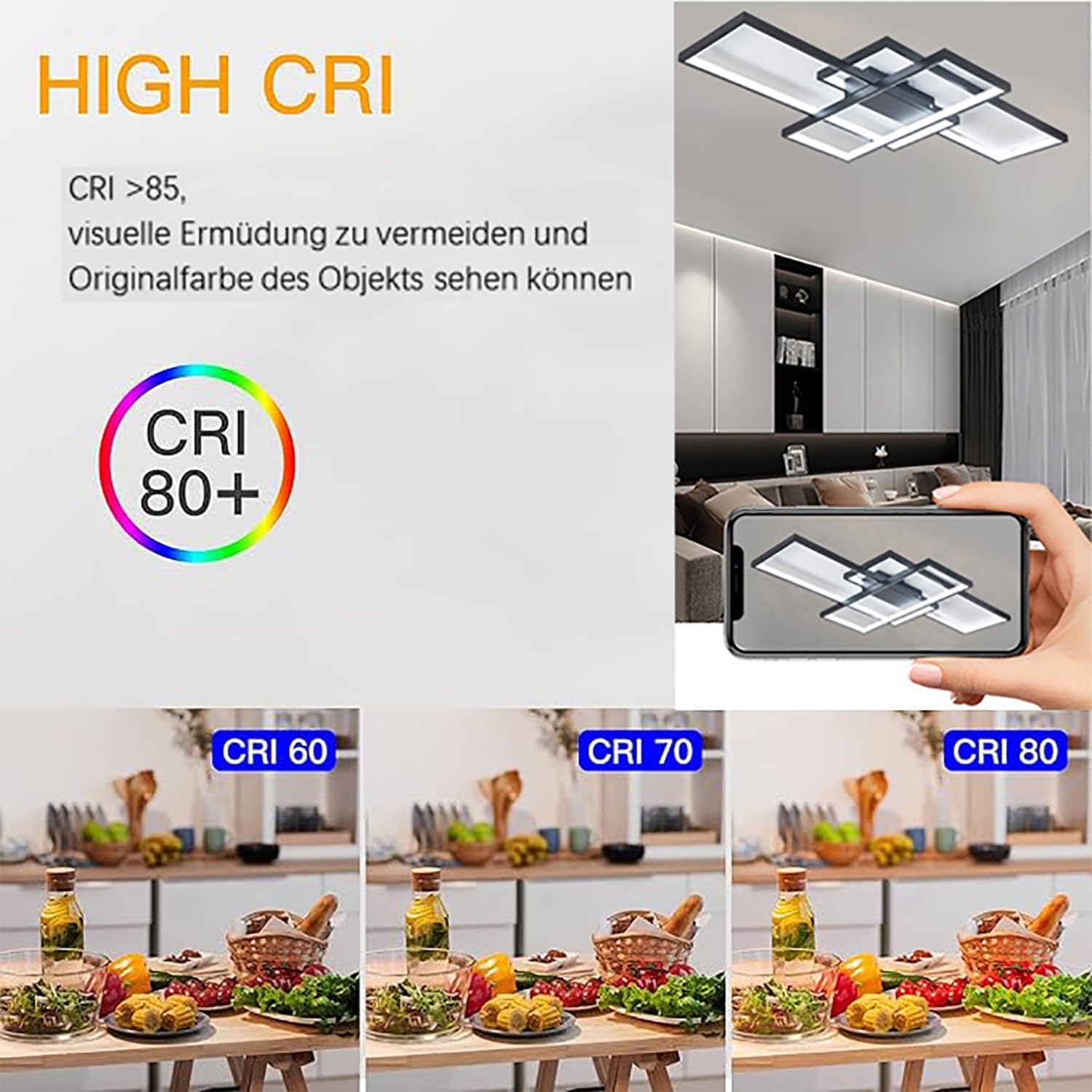 Deckenlampe Wohnzimmer,Led Deckenleuchte Einbau Led Rechteckig mit Fernbedienung Dimmbar deckenlampe schlafzimmer 3000K-6000K für Esszimmer Wohnzimmer. (80 * 45CM/65W,schwarz)