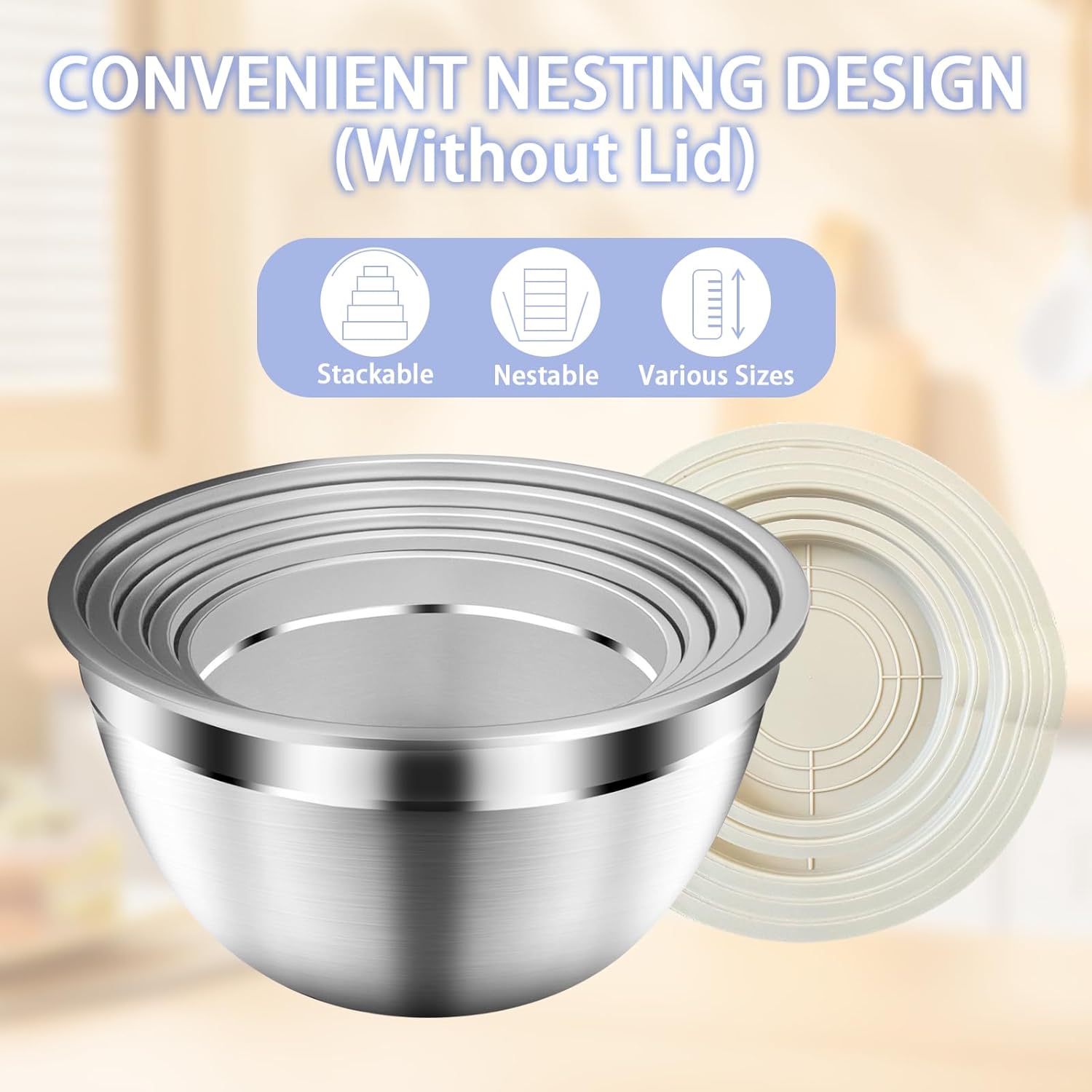 Mixing Bowls with Airtight Lids Set, 5 PCS Stainless Steel Khaki Nesting Bowls for Kitchen, Large Prep Metal Mixing Bowls for Kitchen, 5.5/4/3.5/2/1.5 QT for Mixing & Serving