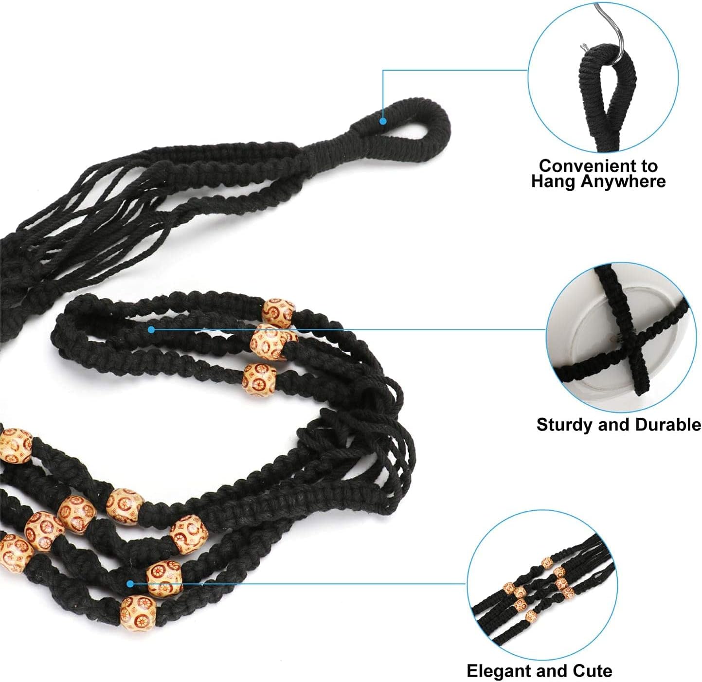 Hanging Planter Indoor, Macrame Plant Hanger, No Tassels Plants Basket Flower Pot Holder with Wood Beads Decorative and Ceiling Hooks for Outdoor Boho Home Decor, 4 Legs, Black