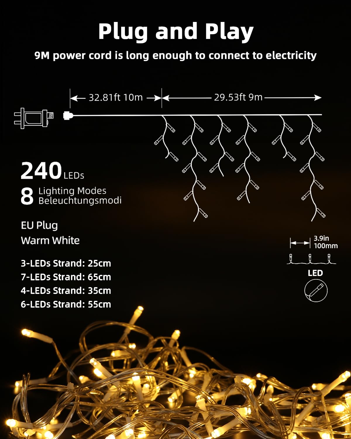 LEDYA Lichterkette Außen, 7.5M 240led Eisregen Lichterkette Außen, 6er-Serienschaltung möglich, Memory-Funktion, Timer 8 Modi Weihnachtsdeko outdoor für Fenster Balkon Garten