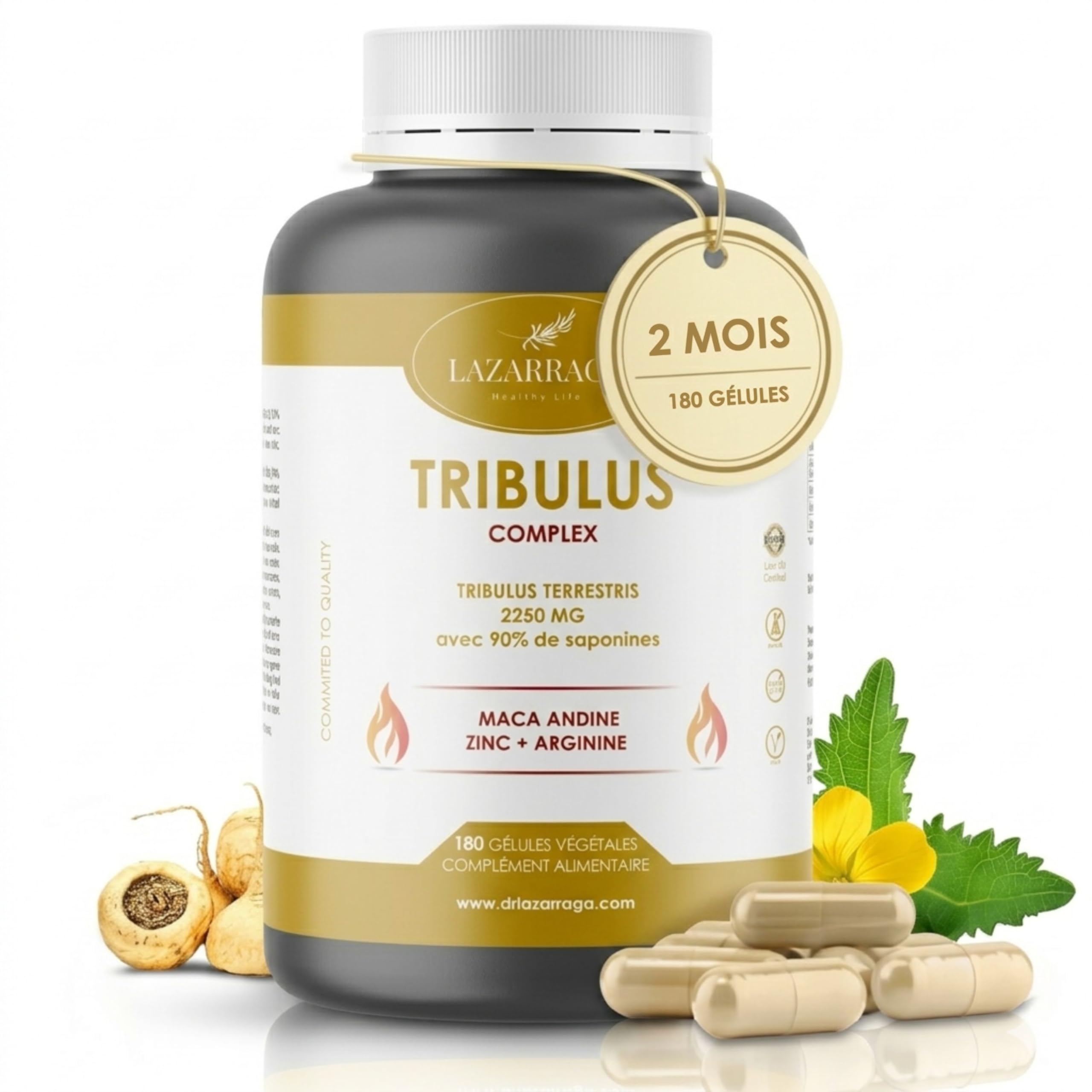 TRIBULUS TERRESTRIS PUISSANT 4 EN 1 avec Maca Andine + Arginine + Zinc | Complément contre la fatigue pour hommes | Force et énergie | 90% de saponines | 180 gélules véganes | 2 mois | Lazarraga