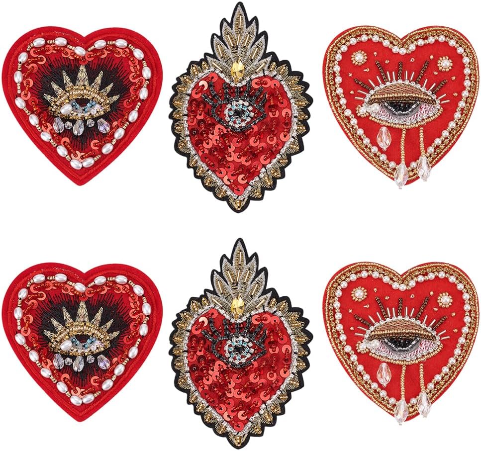 INFUNLY Heart Rhinestone Beaded Patches Halloween Red Decorations Applique 3 Styles Handmade Bright Crystal Patches Sew-on Rhinestones Applique with Beads for DIY Apparel Clothes Christmas