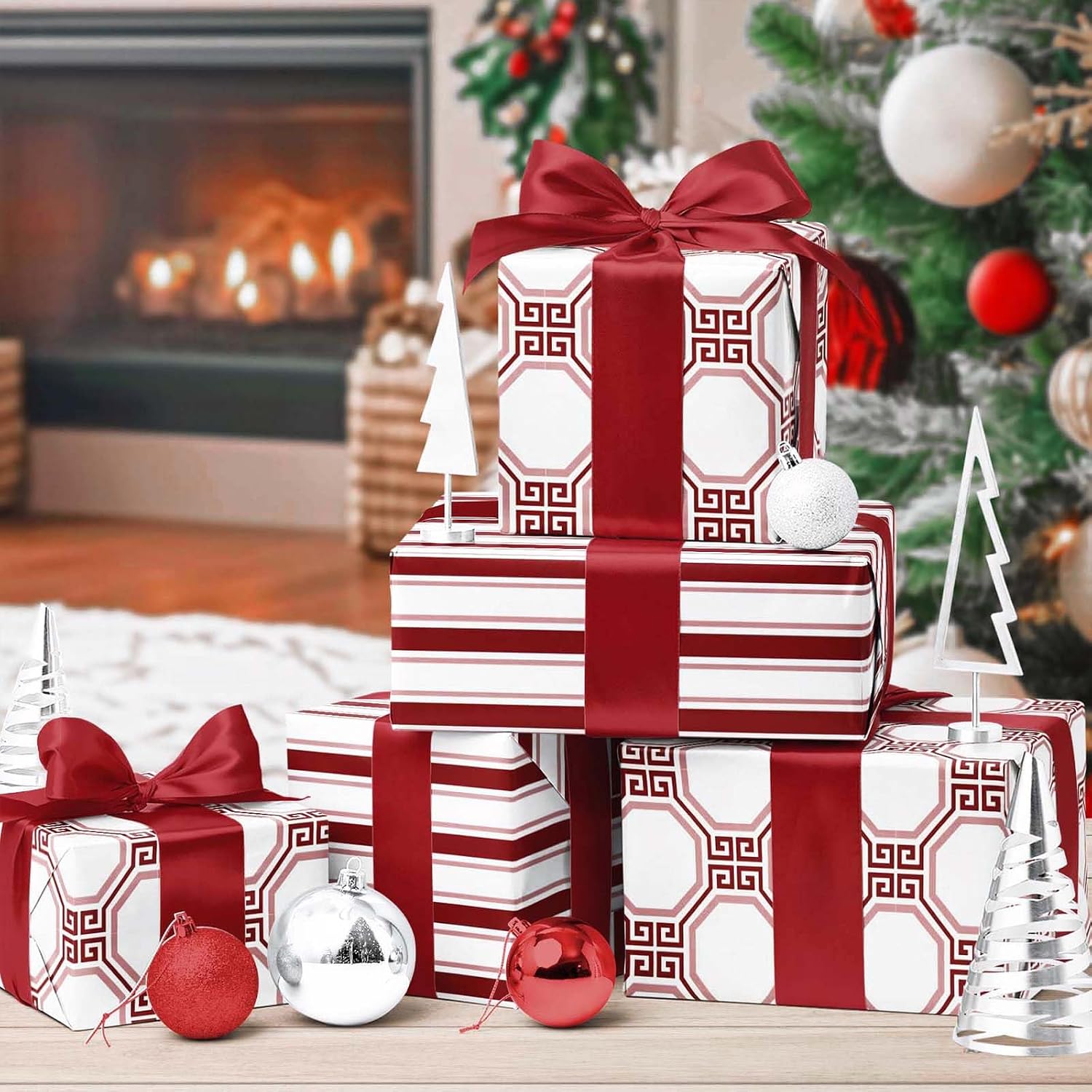 LaRibbons Reversible Minimalist Christmas Wrapping Paper, Greek Key Geometric & Striped Design - Burgundy Pink Modern Gift Wrap for Birthday, Holiday, Xmas Party Celebration, 17 Inch × 33 Feet image 3