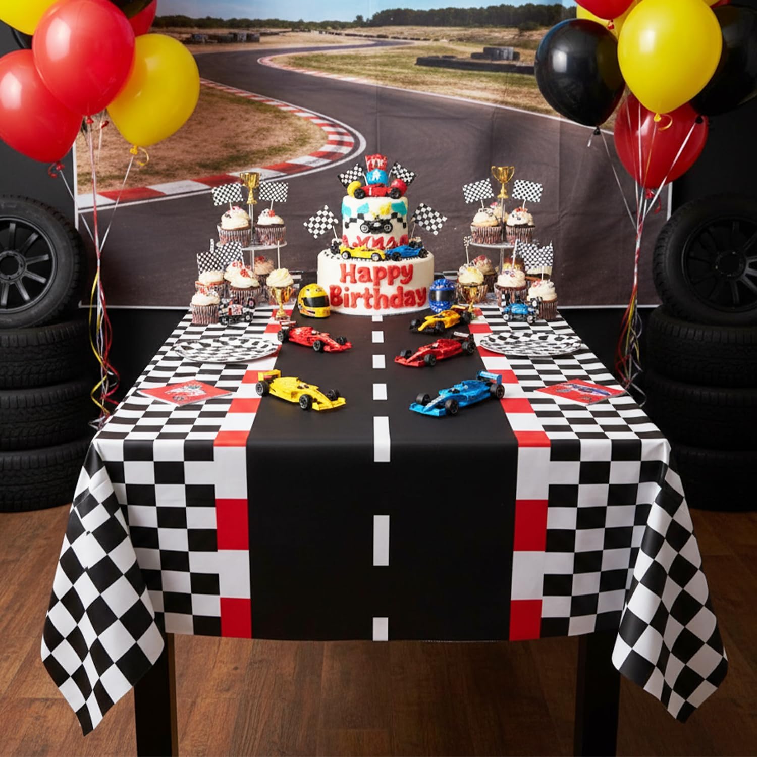 Oigco 4 Pack Racing Car Tablecloth - Race Car Birthday Party Decorations Racetrack Rectangular Tablecloth - Checkered Table Cover for One Two Fast Birthday Decorations, 54 x 108 Inch