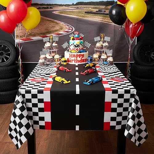 Miniatura 6 de Oigco Paquete de 4 manteles rectangulares de auto de carreras, decoración de fiesta de cumpleaños de auto de carreras, mantel rectangular a cuadros