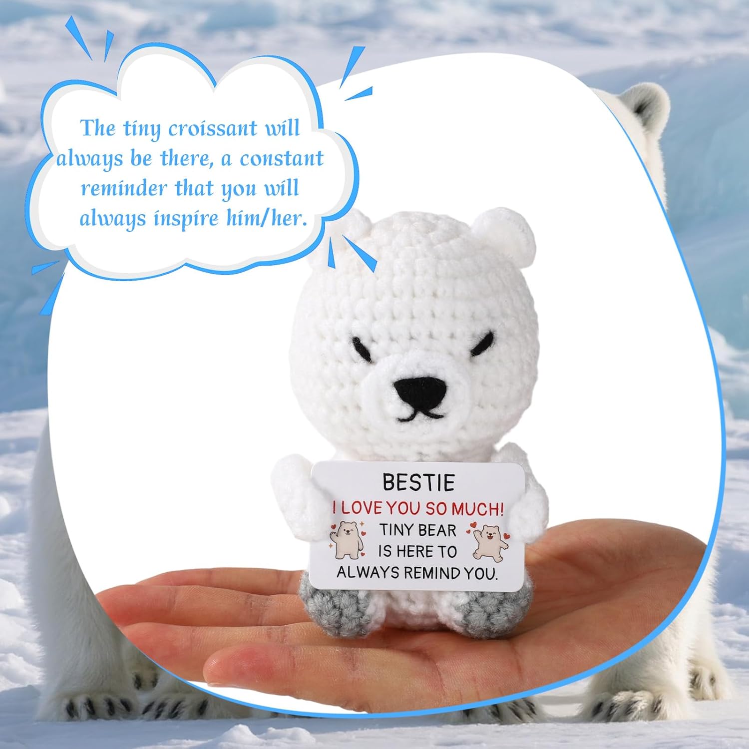 Positive Polar Bear Crochet, Emotional Knitted Polar Bear with Cheer Card Support Crochet Animal Doll for Encouragement Gift Birthday Christmas Stocking Stuffers (for Bestie) - Image 3
