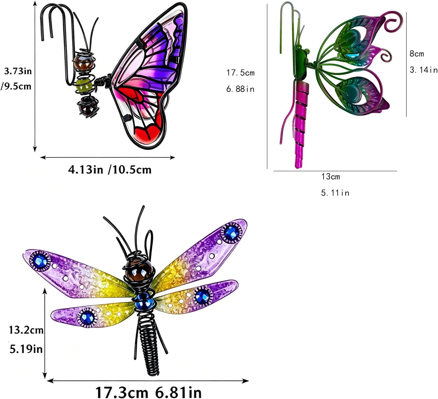 3 Pcs Butterfly & Dragonfly Mix Decorations for Flower Pots - Iron Painted Hanging Ornaments, Plant Pot Potted Hanger Figurines, Outdoor Garden Pendant Decor