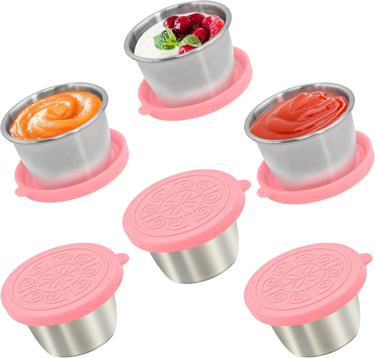 Qukaka 6x2.7 Oz Salad Dressing Container to Go,Handy Leakproof Stainless Steel Meal Prep Containers Reusable,Sauce Containers for Lunch Box, Picnics, Travel, Office and Kitchen Storage-Pink