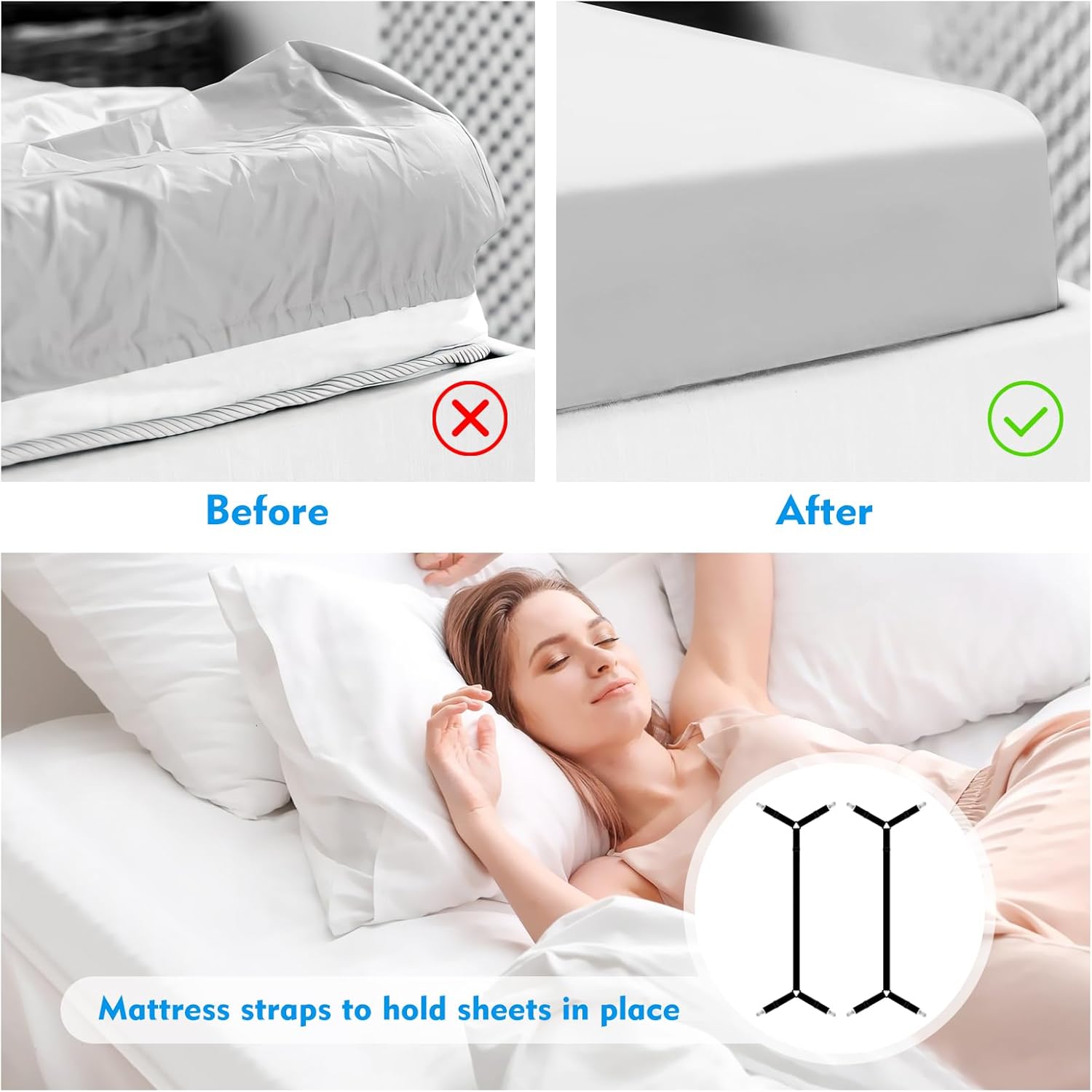 Bed Sheet Straps, 2Pcs Elastic Adjustable Bed Sheet Holder Straps, Fitted Sheet Straps to Hold Sheets in Place with Metal Clips, Sheet Holders for Mattress Cover, Sheet, Sofa Cushion (Black)
