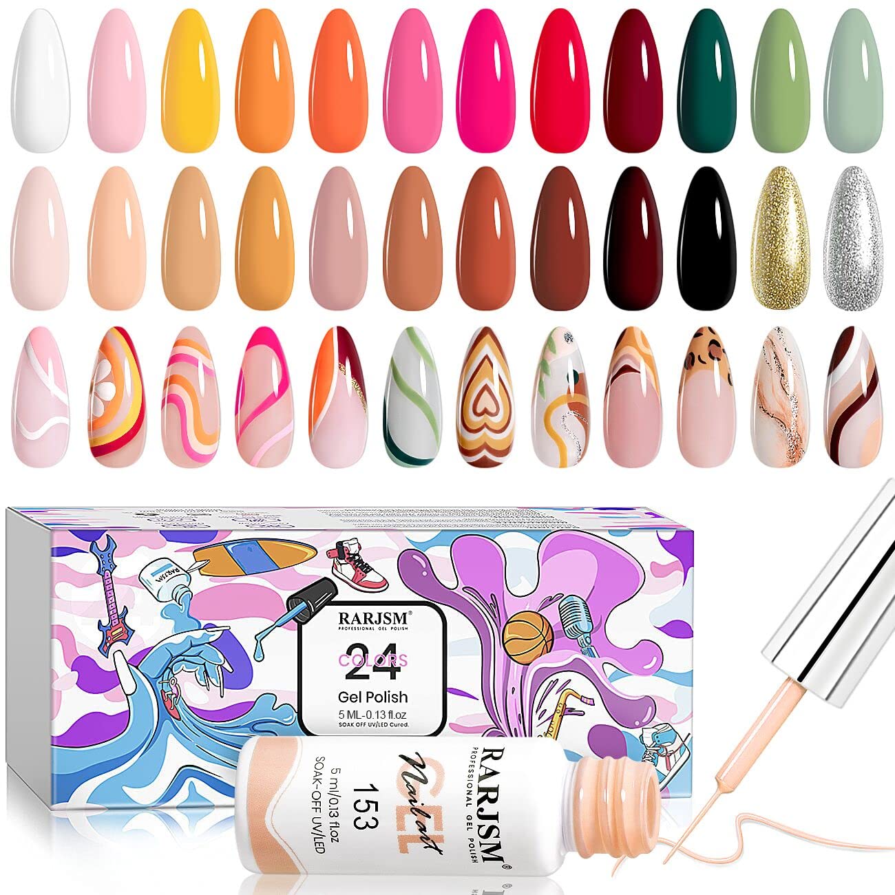RARJSM Gel Liner Nail Art 24 Pieces 5ml Gel Art Liners for Nails Pink Red Green Yellow Silver Gold Glitter Summer Fall Nude Colors Painting Striping Gelpolish Thin Brush UV Soak off Curing Needed