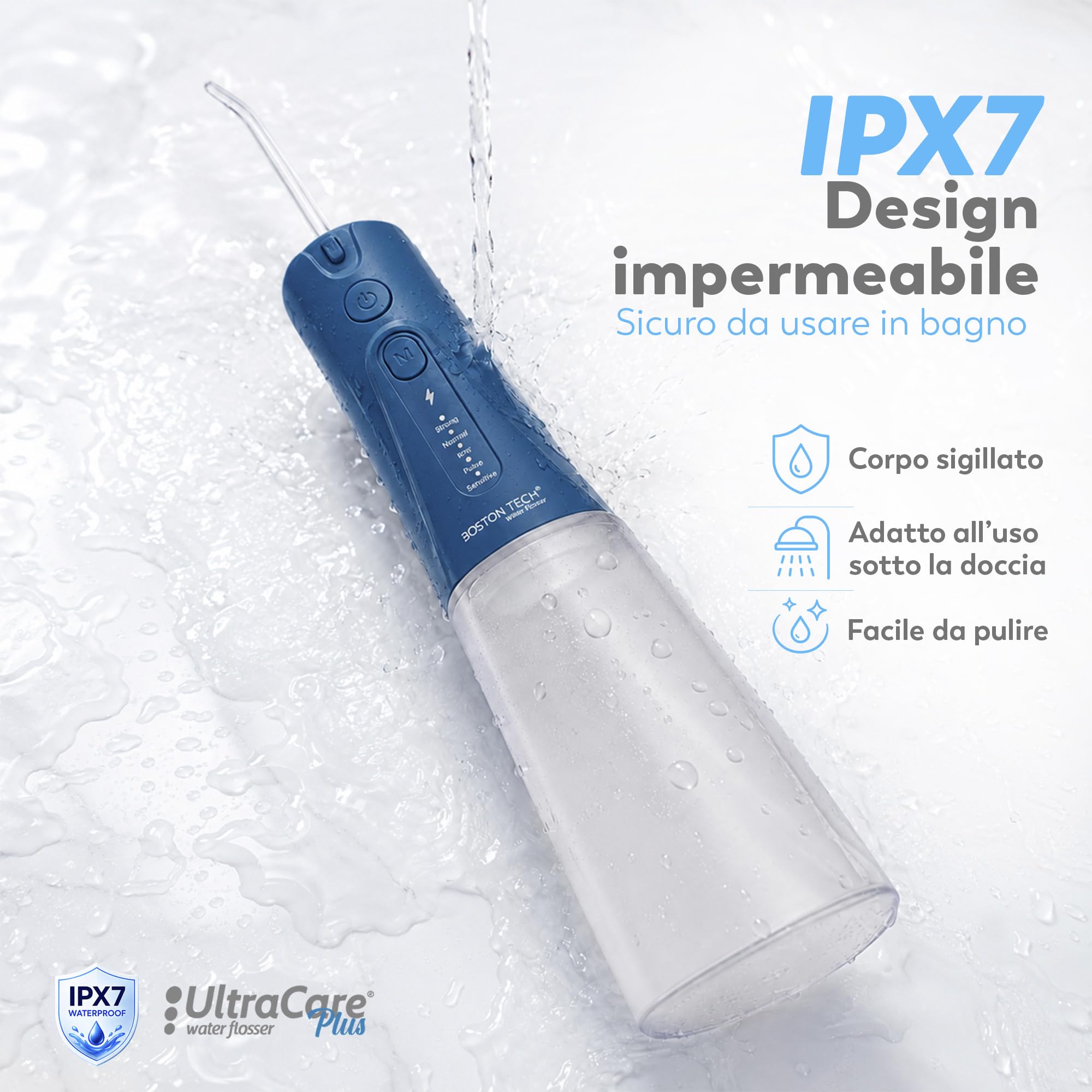 Aquapik® UltraCare Plus Idropulsore Dentale/Irrigatore Orale senza fili e ricaricabile IPX8 impermeabile per casa e viaggio, rimuove la placca e protegge gengive, 5 modalità, 8 beccucci, 300 ml (Blu)