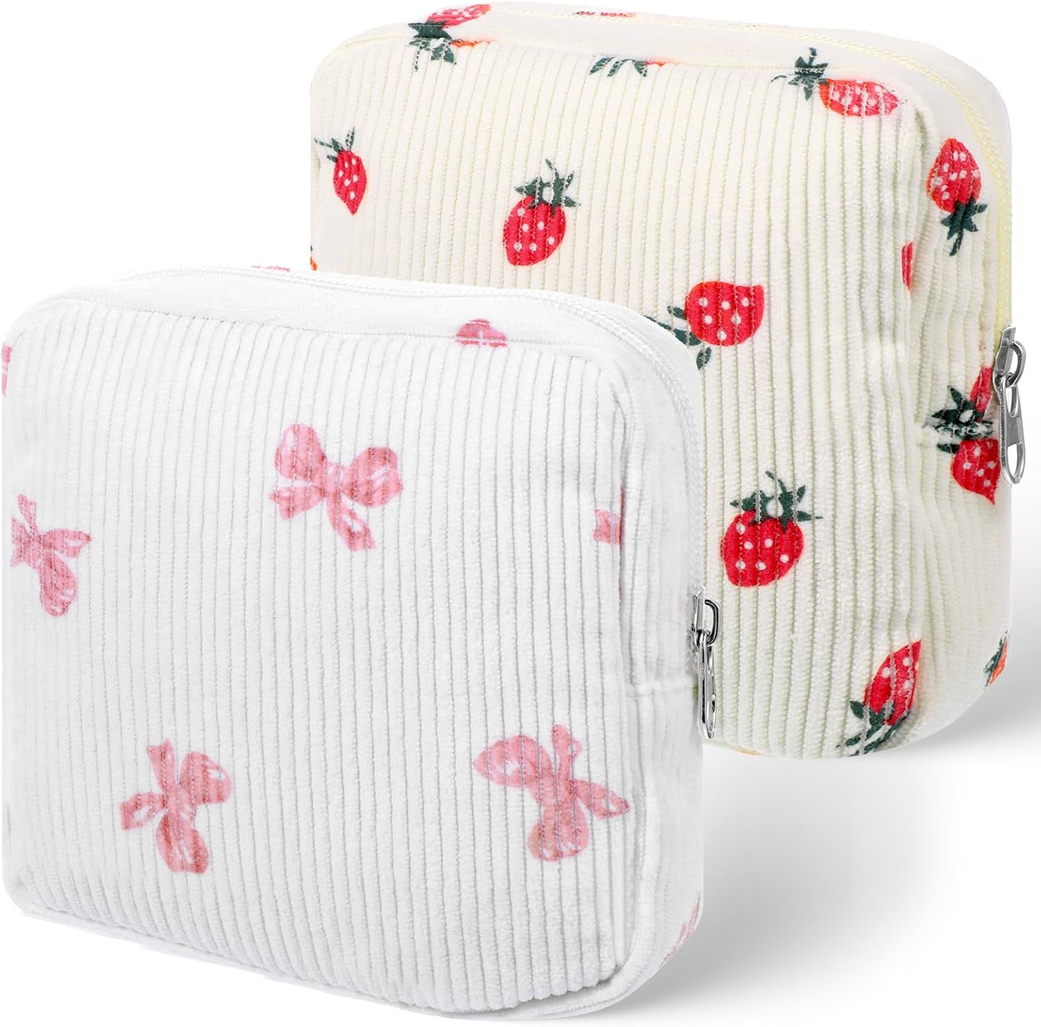 2 Pack Period Bag Pouch for Women Girls, Cute Corduroy Sanitary Napkin Storage Bag with Bow Design, Portable Discreet Menstrual Pad Pouches Tampon Holder for Purse, Small Make Up Bags