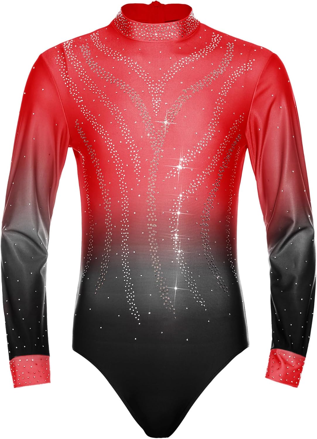 iEFiEL Figure Skating Costume for Men Gradient Color Shiny Rhinestones Gymnastics Leotard Latin Dance Shirts