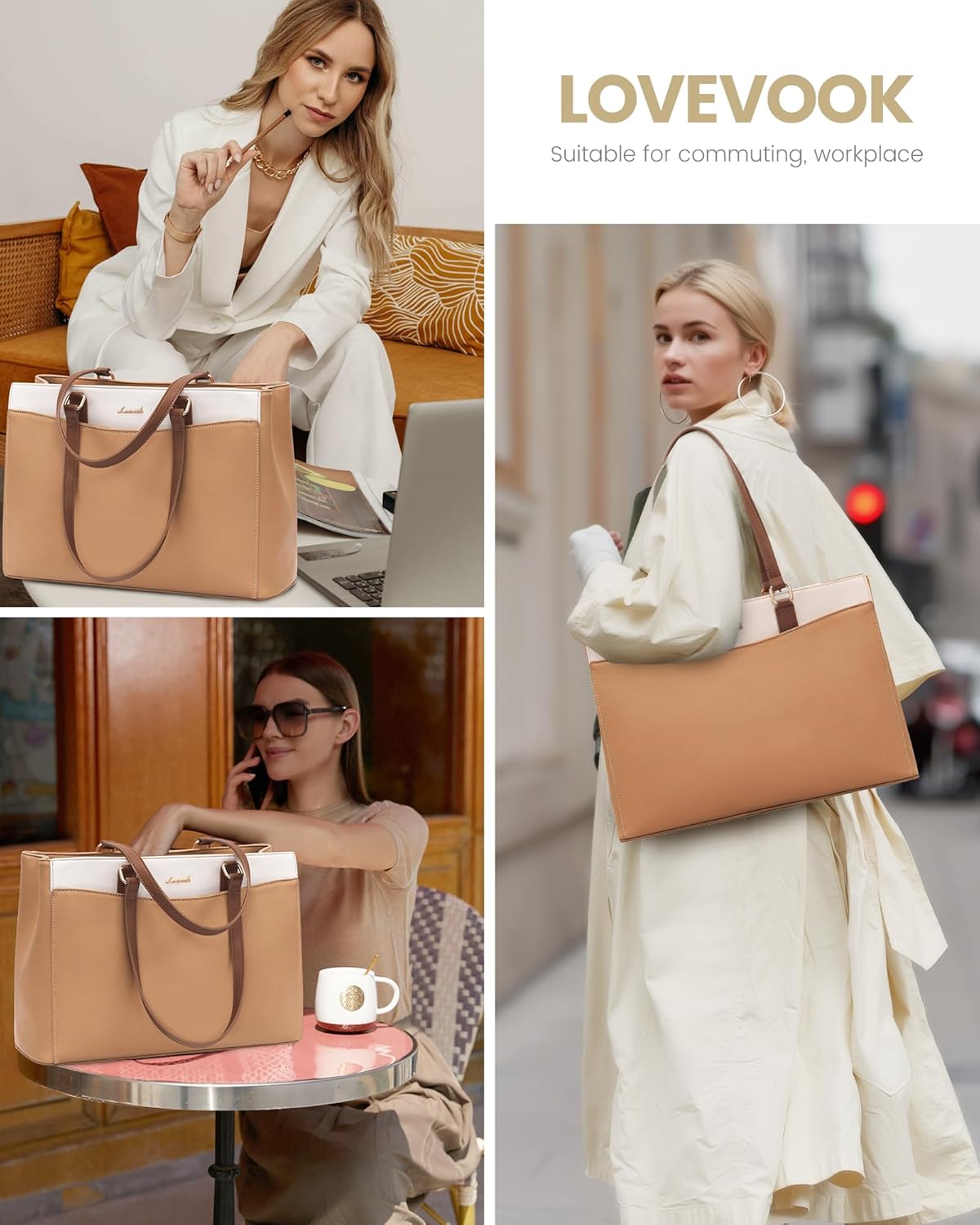 LOVEVOOK Work Tote Bag for Women, Laptop Bag Teacher Tote Bag, Waterproof Leather Computer Bag, Business Laptop Purse Office Handbag Professional Briefcase, 15.6 Inch, Camel-Beige-Brown - Image 9